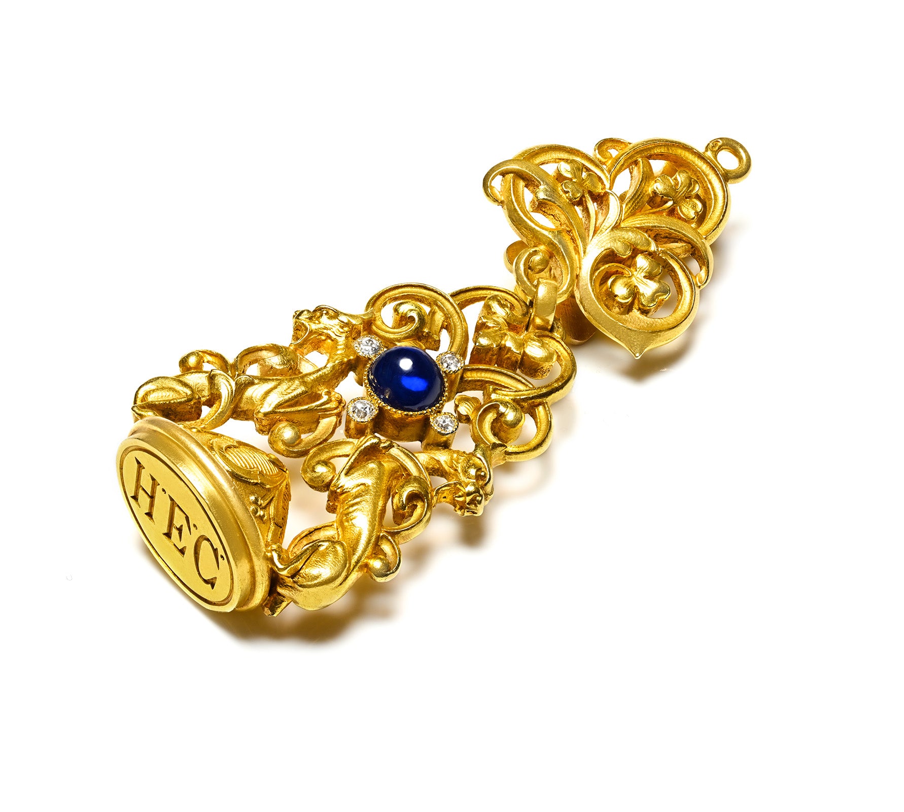 Antique Art Nouveau French 18K Gold Griffin Fob Sapphire Diamonds