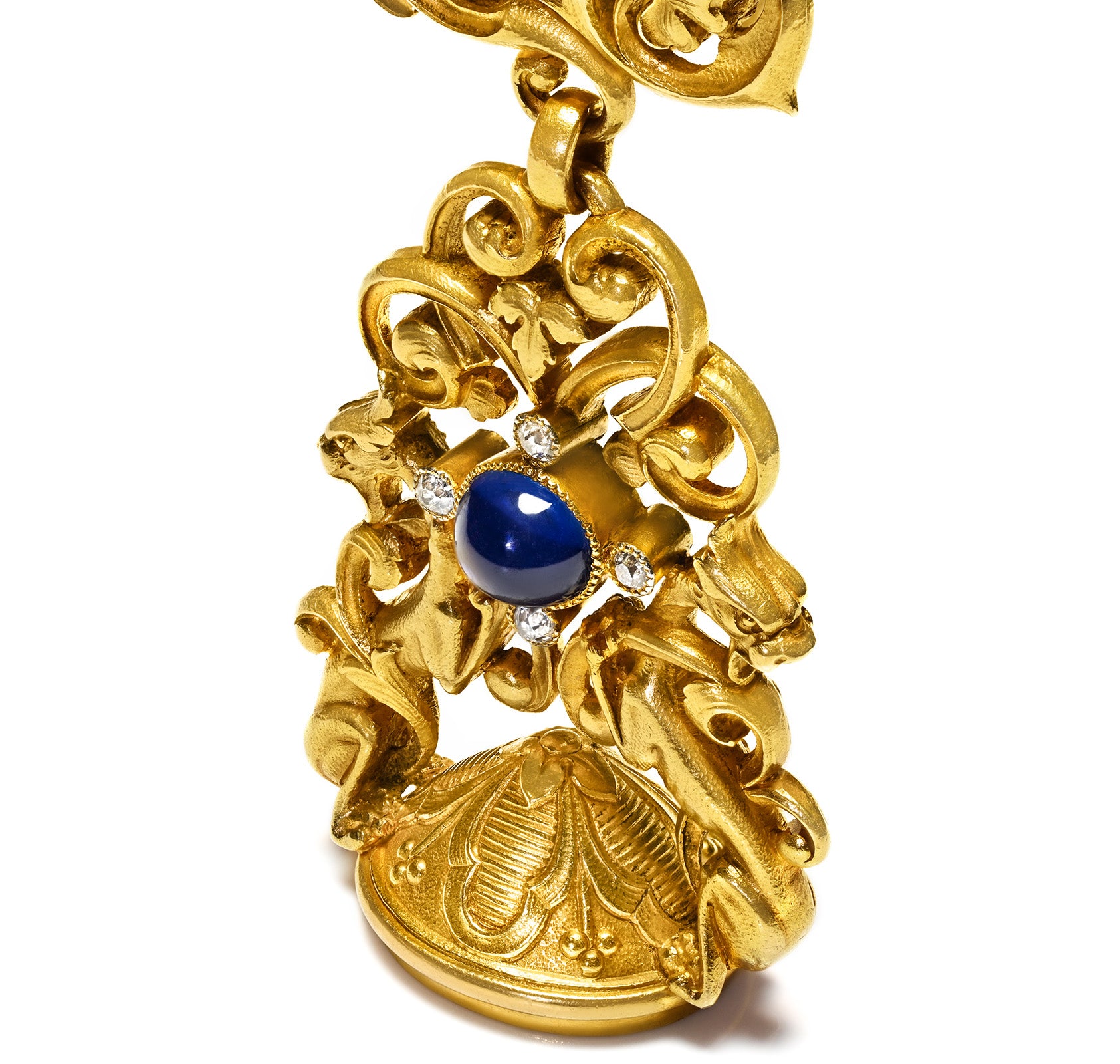 Art Nouveau Antique French 18K Gold Griffin Fob Sapphire Diamonds