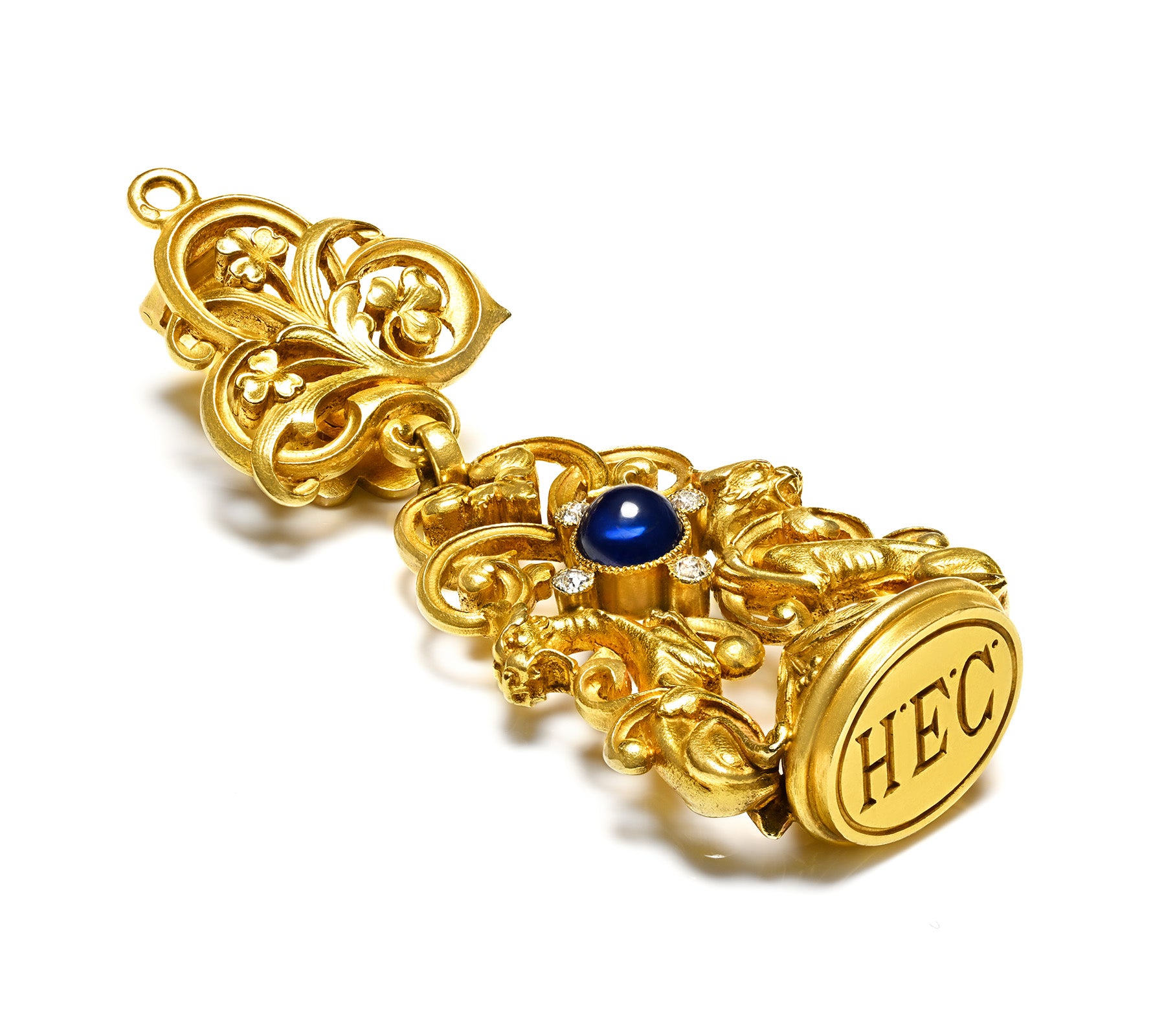 Art Nouveau French 18K Gold Griffin Fob Sapphire Diamonds
