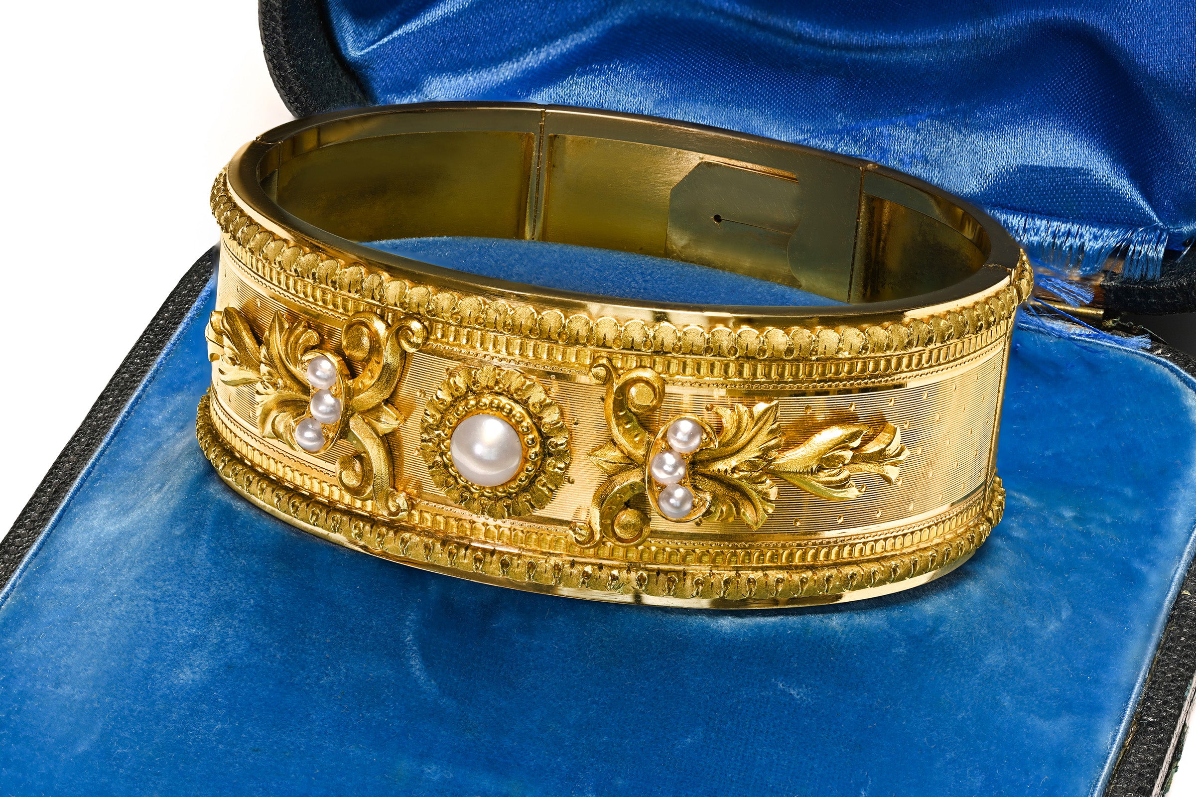 Antique French 18K Gold Wide Bangle Bracelet with Pearls