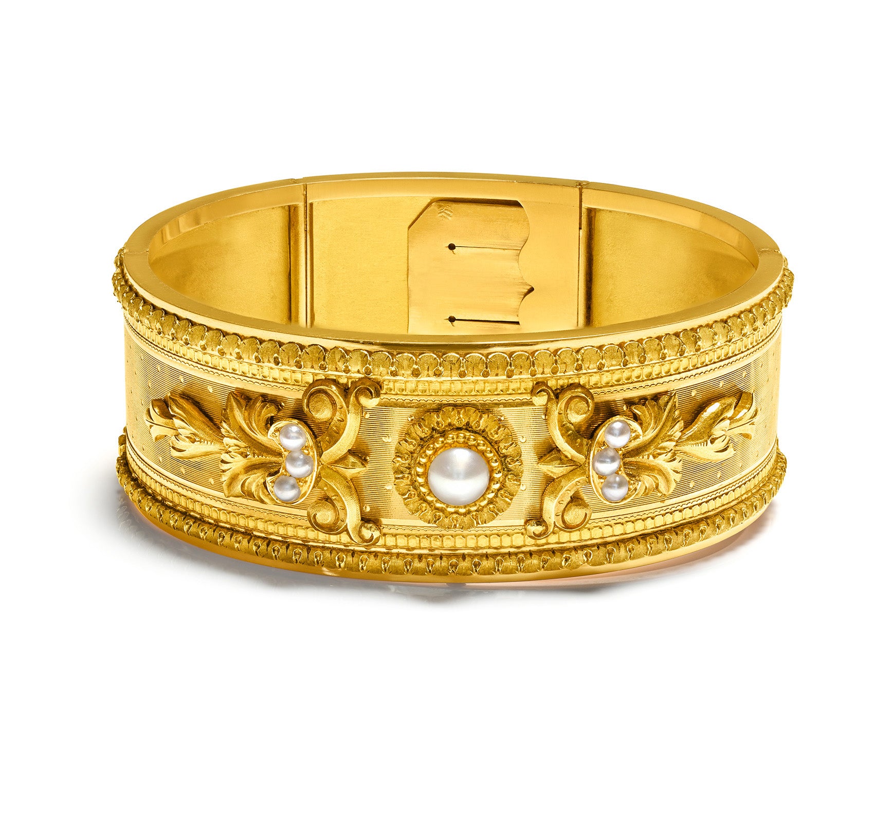 Antique French 18K Gold Wide Pearl Bangle Bracelet