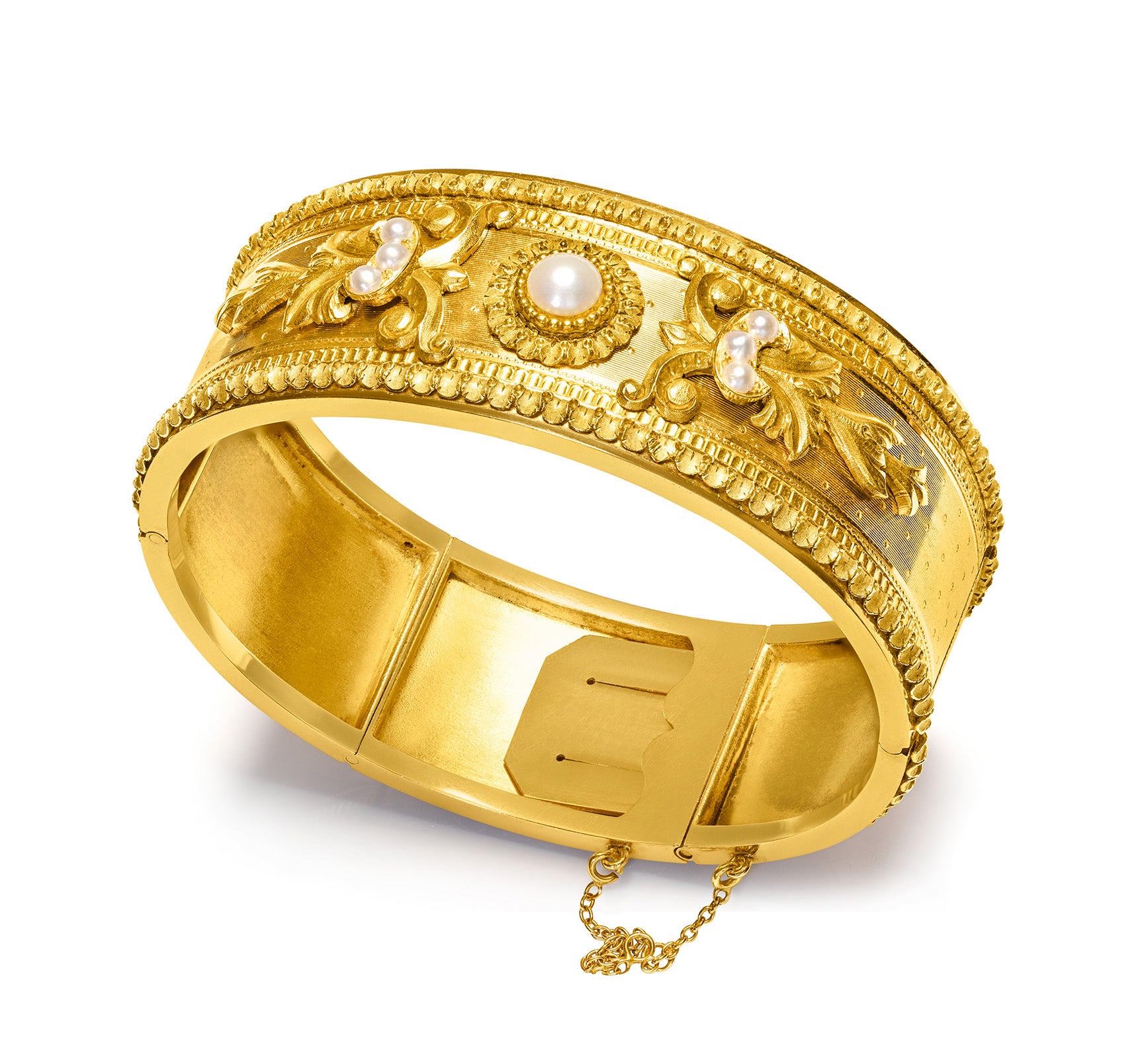 Antique French 18K Gold Wide Bangle Bracelet Pearls