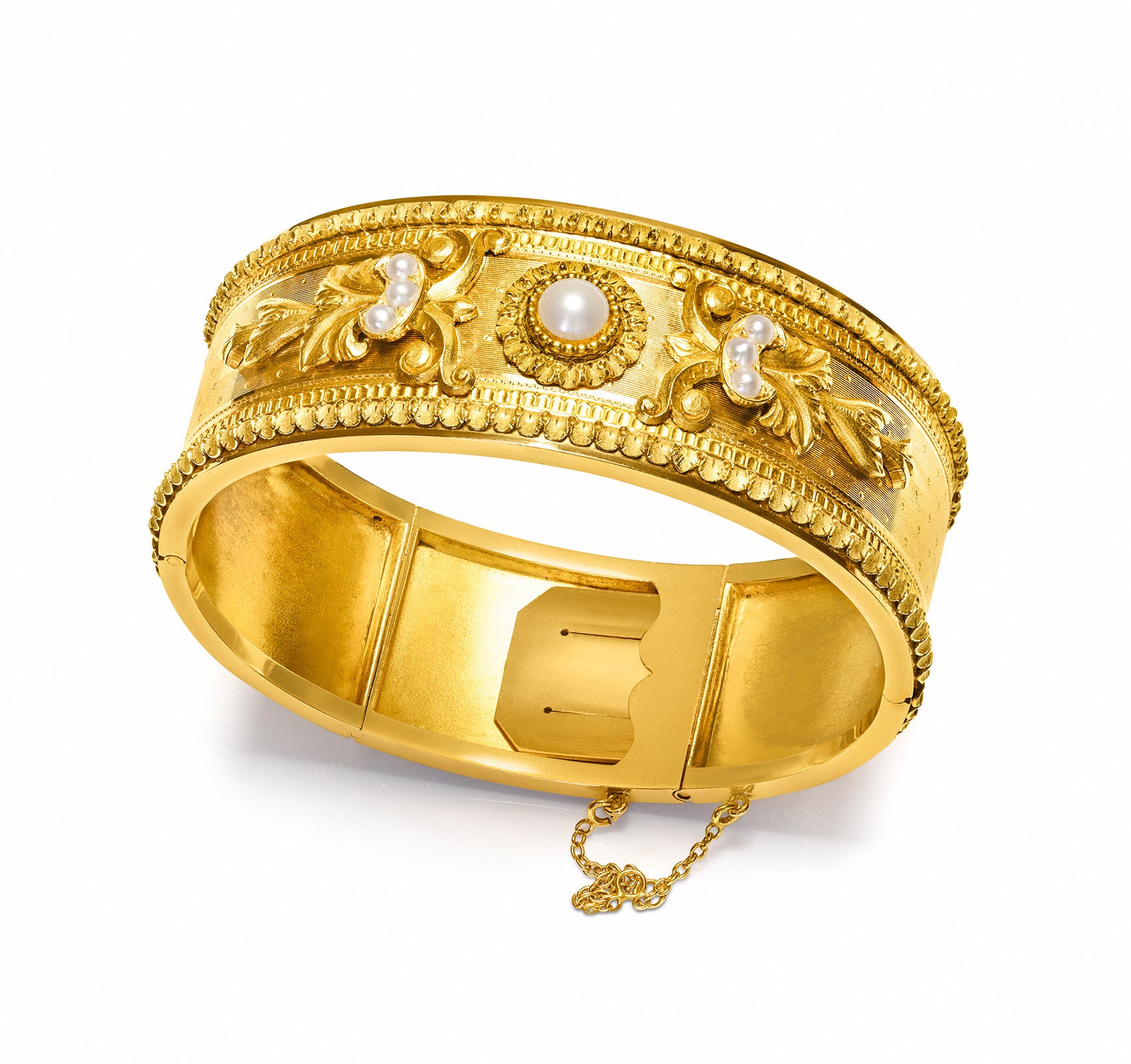 Antique French 18K Gold Wide Bangle Bracelet with Pearl Victorian