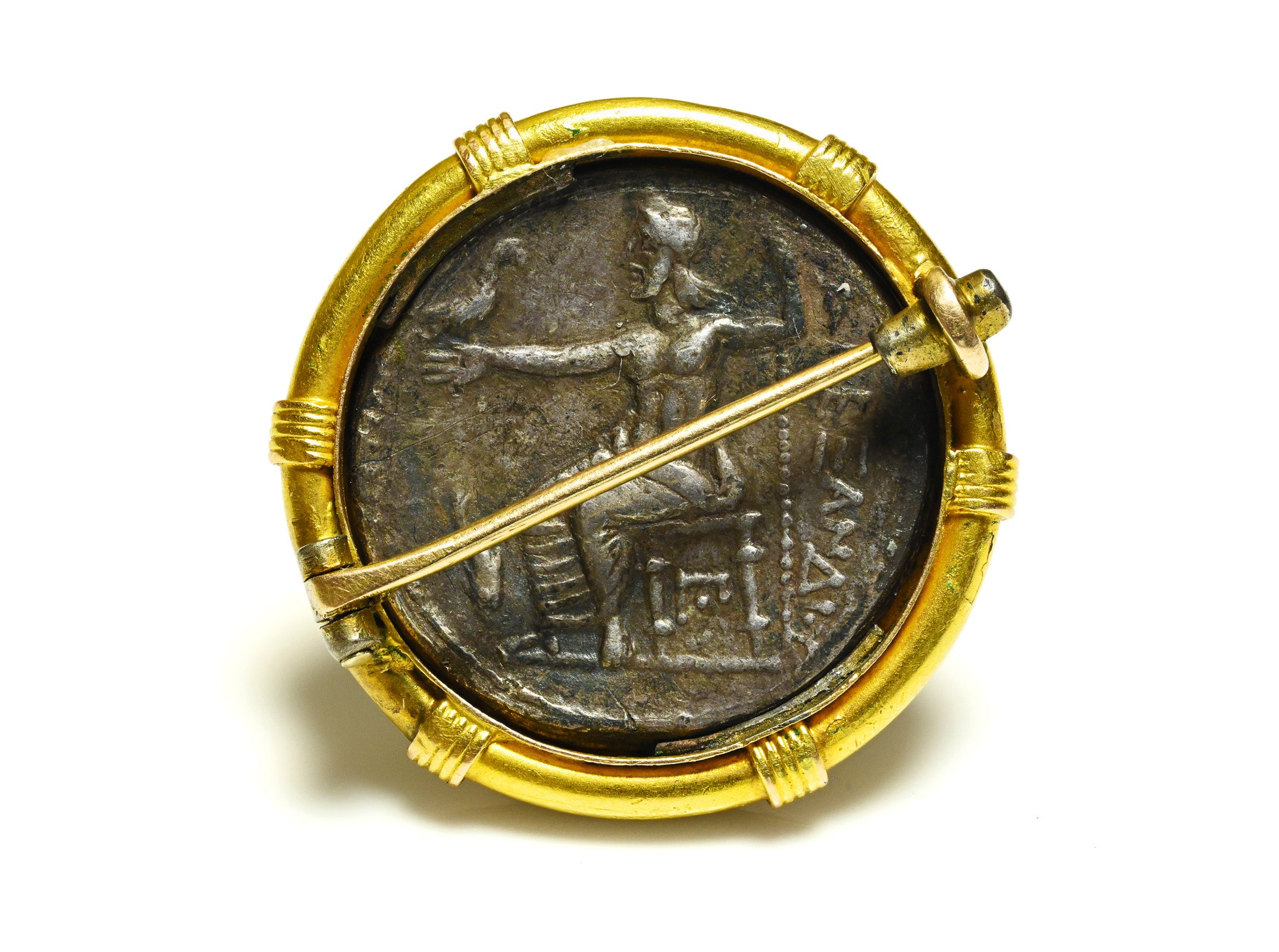 Ancient Heracles Silver Coin Brooch in 20K Gold Mount