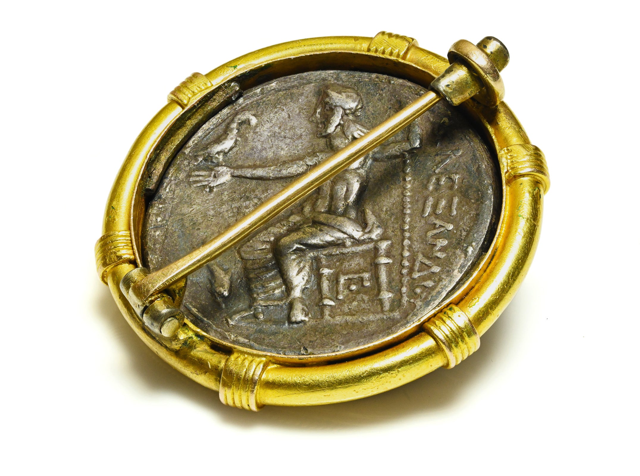 Ancient Heracles Silver Coin Brooch in 20K Gold Mount