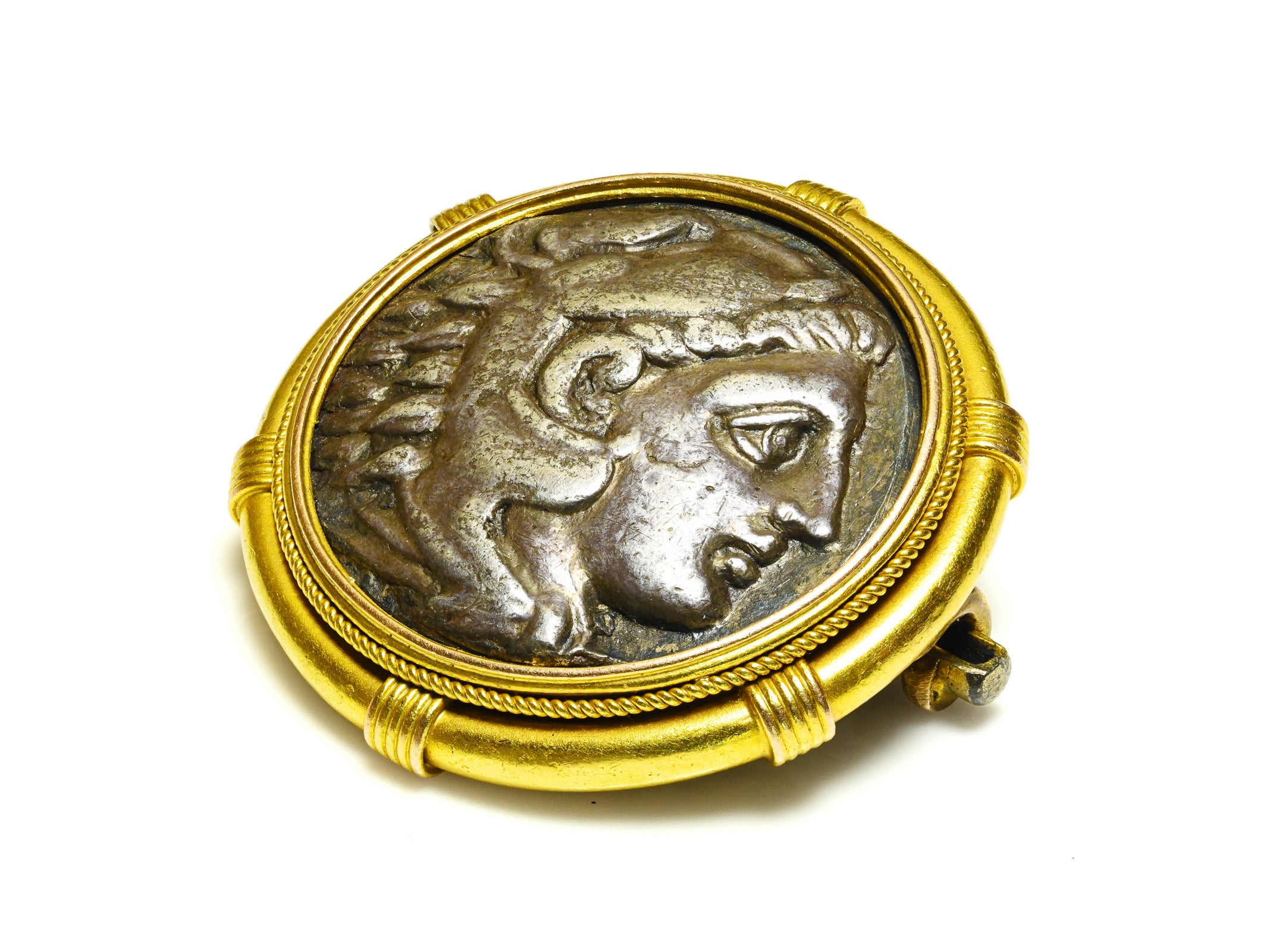 Ancient Heracles Silver Coin Brooch in 20K Gold Mount