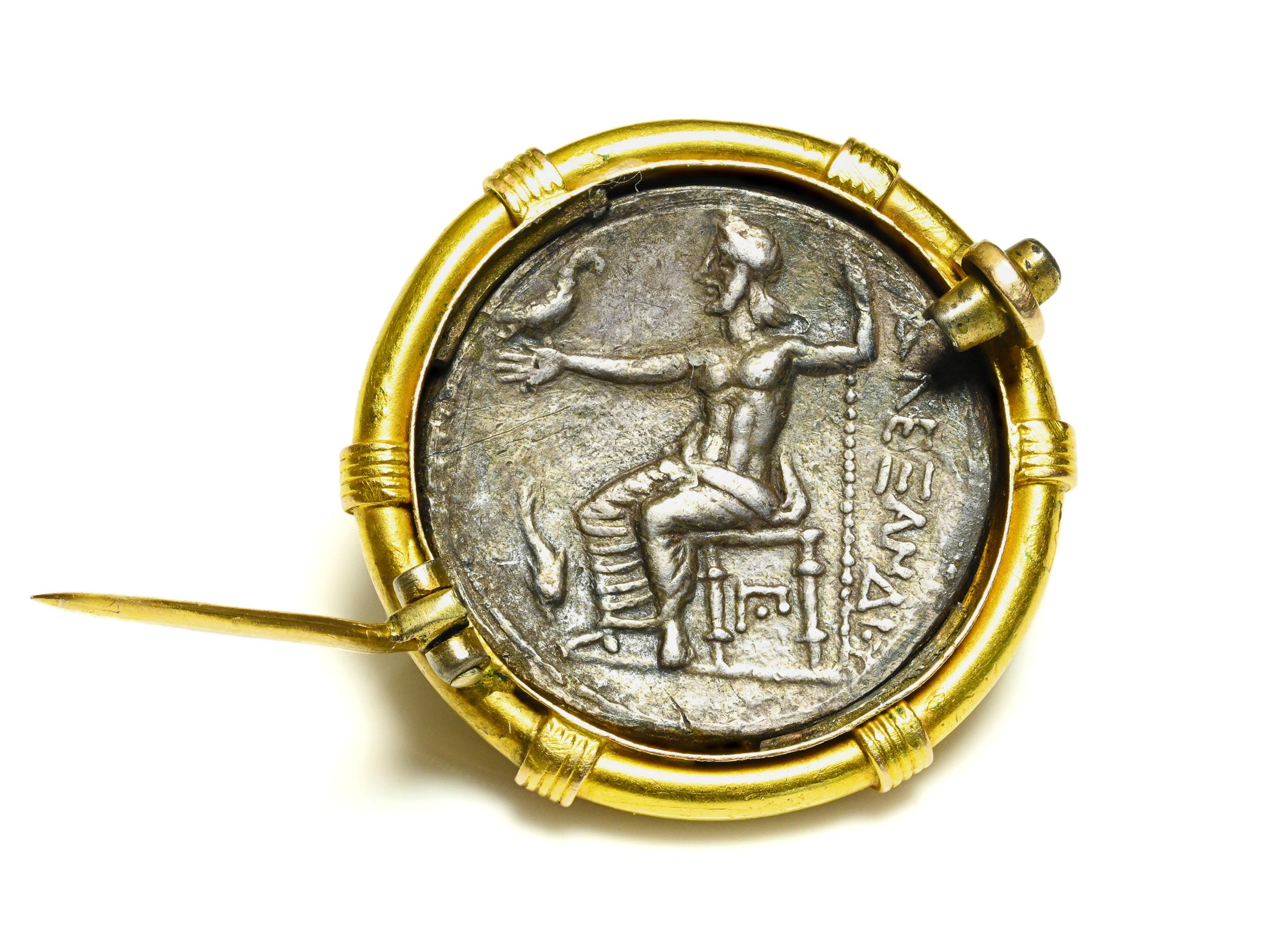 Ancient Heracles Silver Coin Brooch in 20K Gold Mount