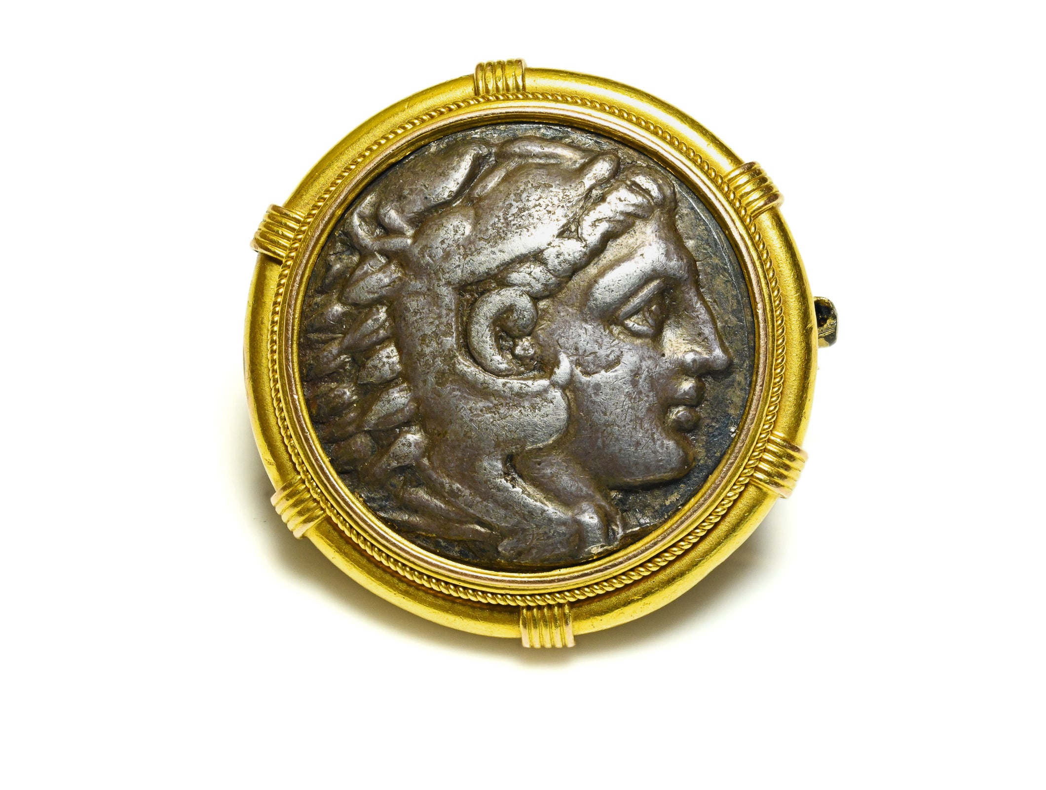Ancient Heracles Silver Coin Brooch 20K Gold Mount