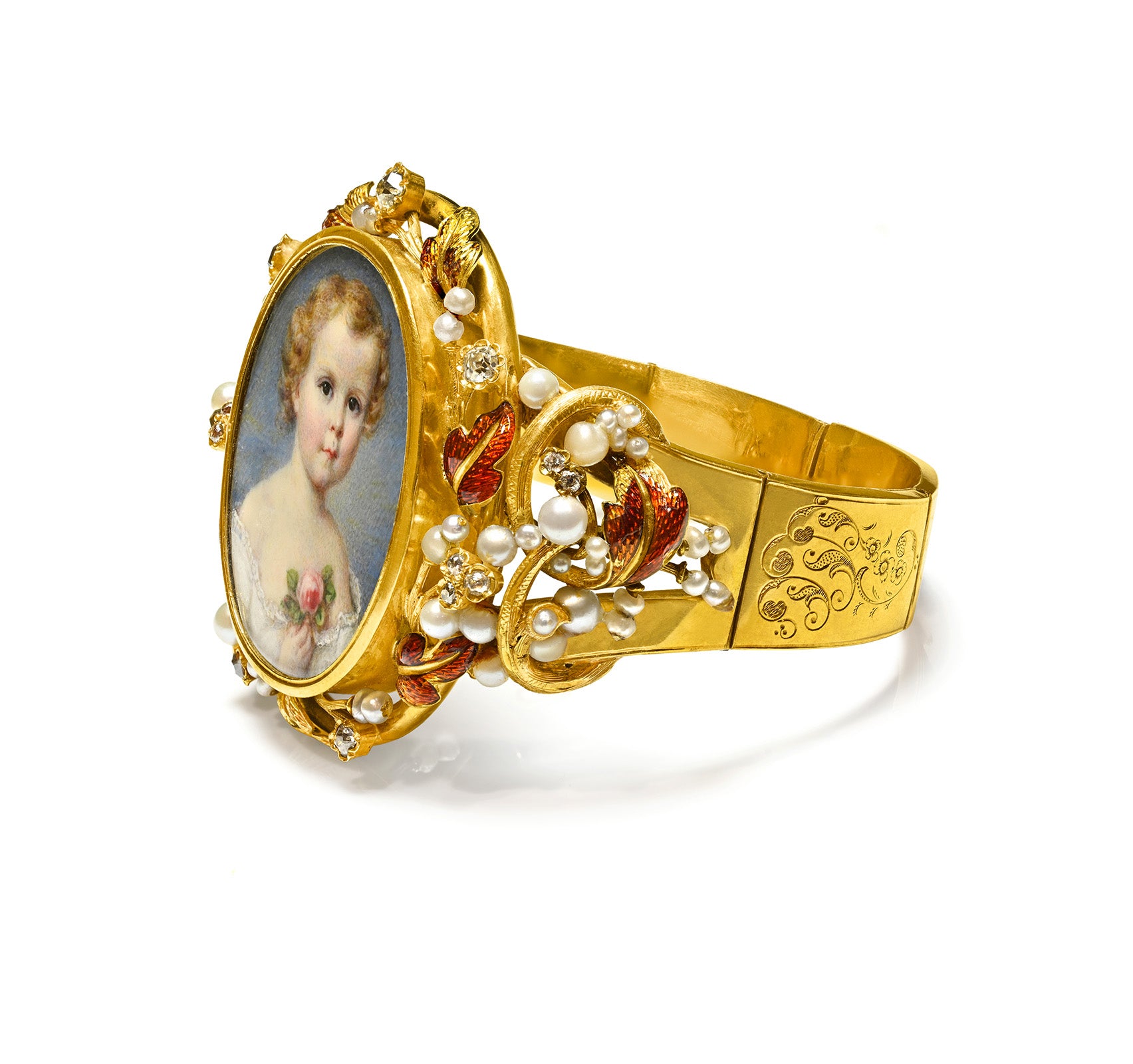 Victorian Gold Portrait Bracelet Pearls Enamel Diamonds