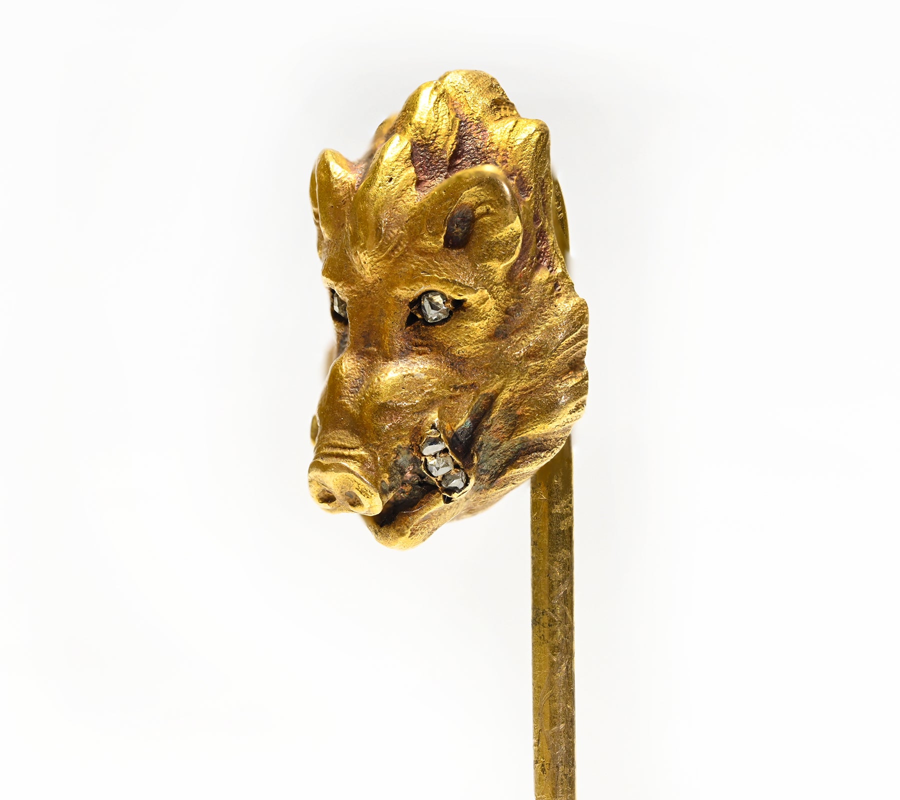 Boar’s Head Stick Pin in Antique Gold  Diamond