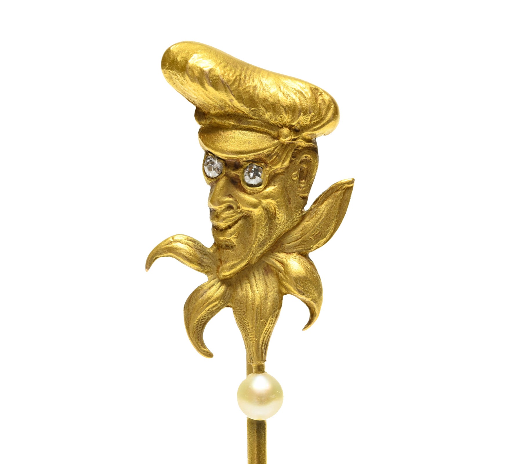 Victorian Diamond-Eyed Gold Pearl Jester Character Stick Pin