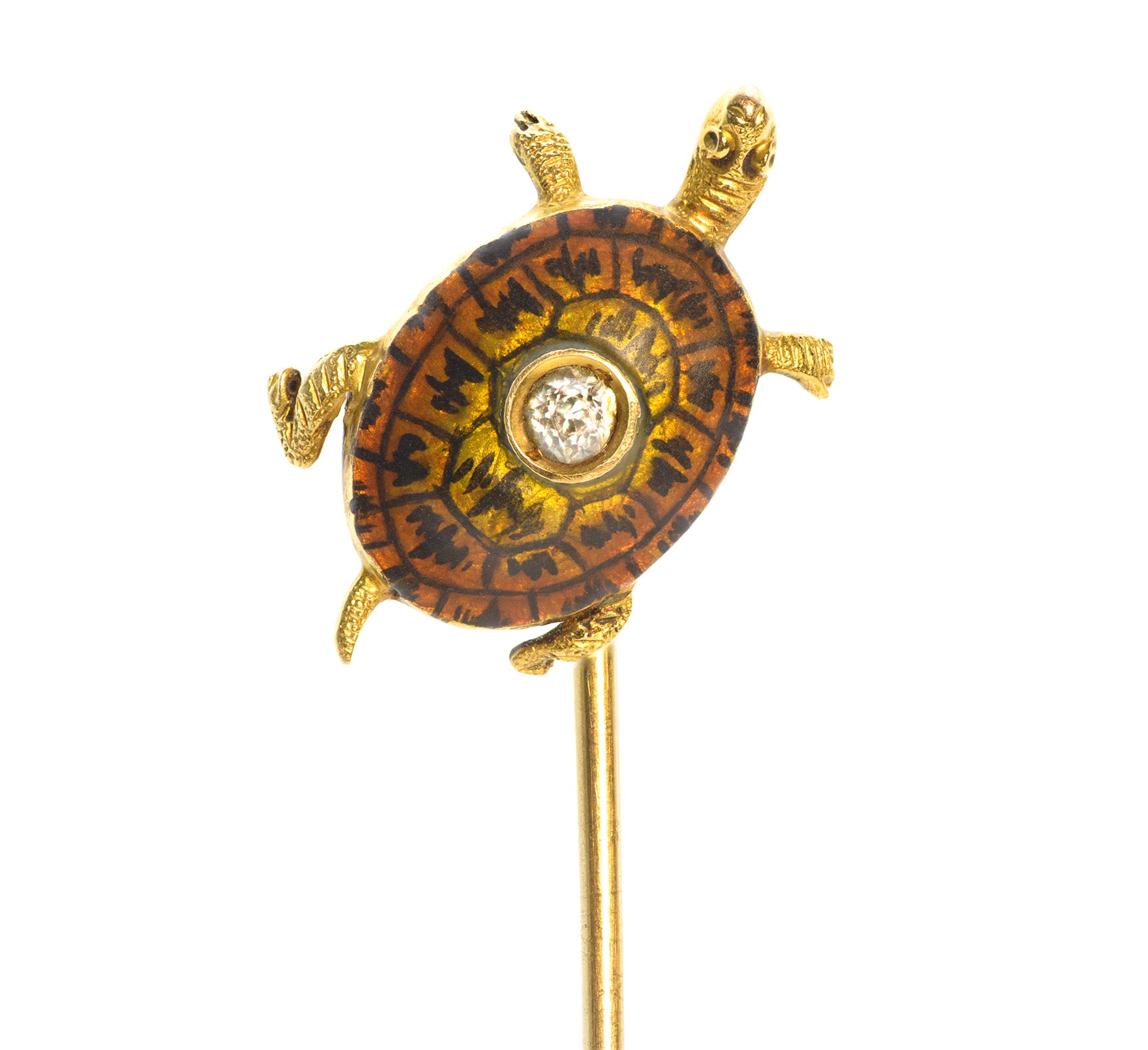 Antique Yellow Gold Black Enamel Diamond Turtle Stick Pin