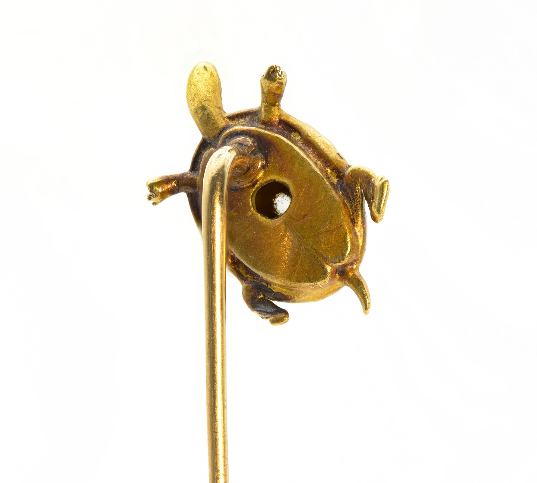 Antique Yellow Gold Black Enamel Diamond Turtle Stick Pin