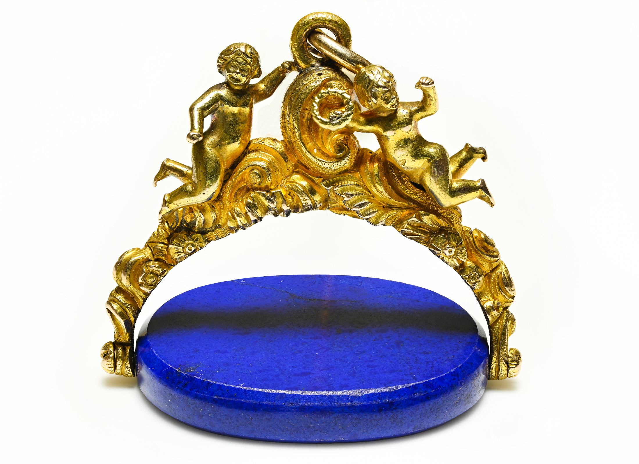 Antique Victorian 18K Gold Carved Fob Lapis Cherubs