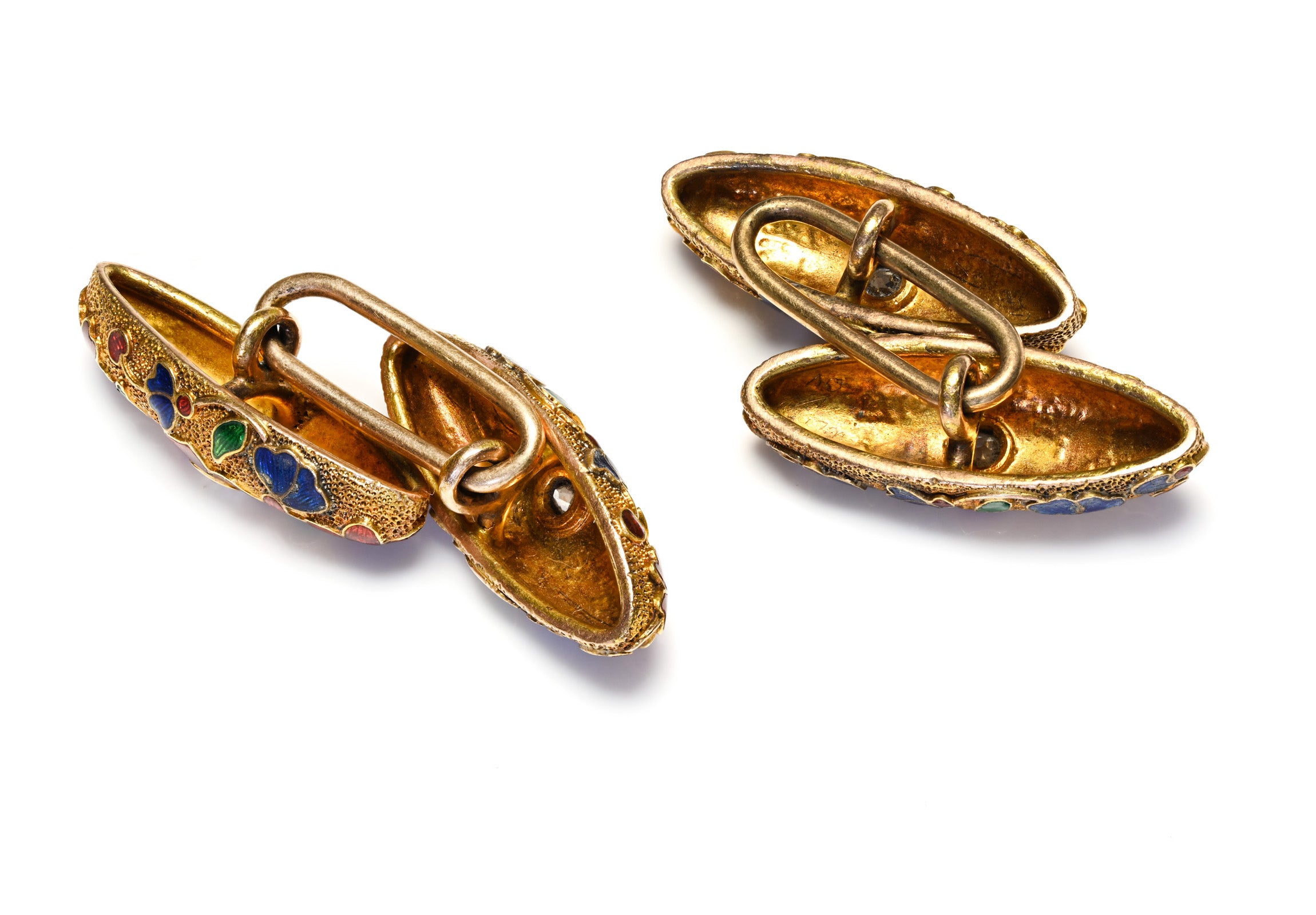 Victorian Gold Multicolor Enamel Flower Cufflinks with Diamonds