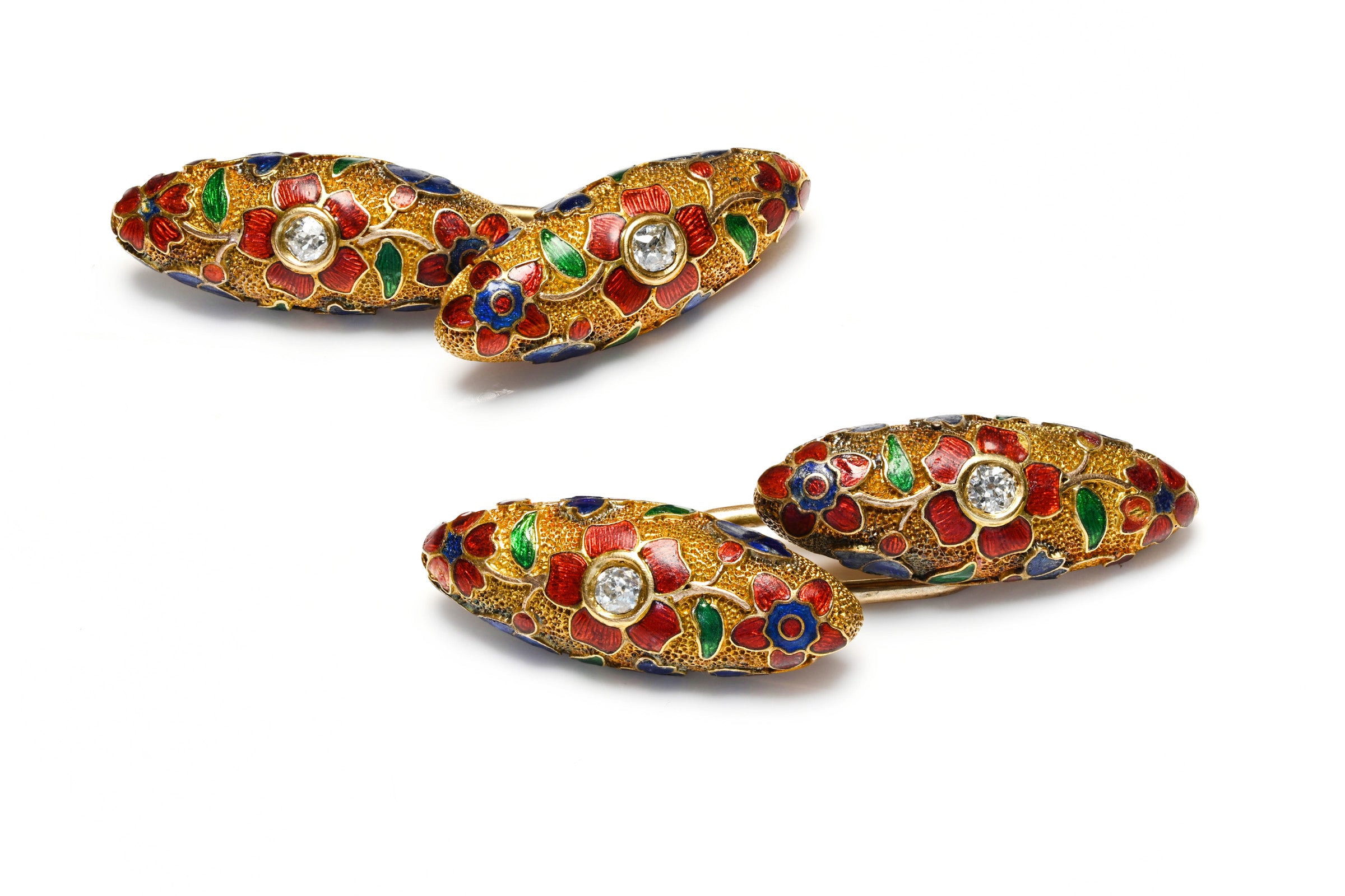 Antique Gold Multicolor Enamel Flower Cufflinks with Diamonds