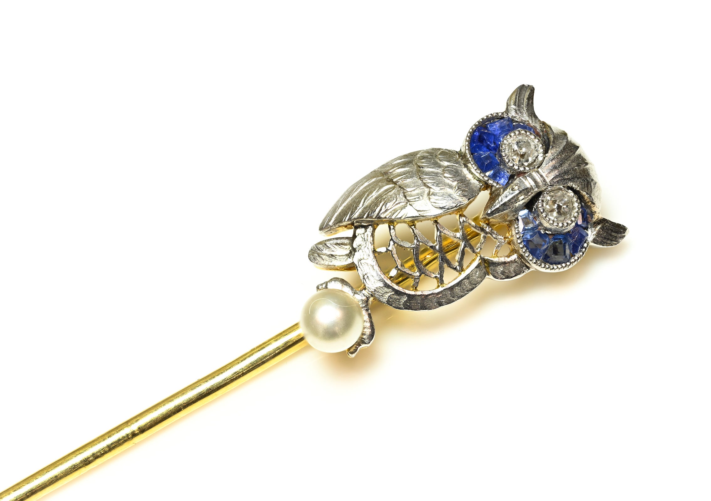 Antique Diamond Sapphire Owl Stick Pin Pearl Gold Platinum