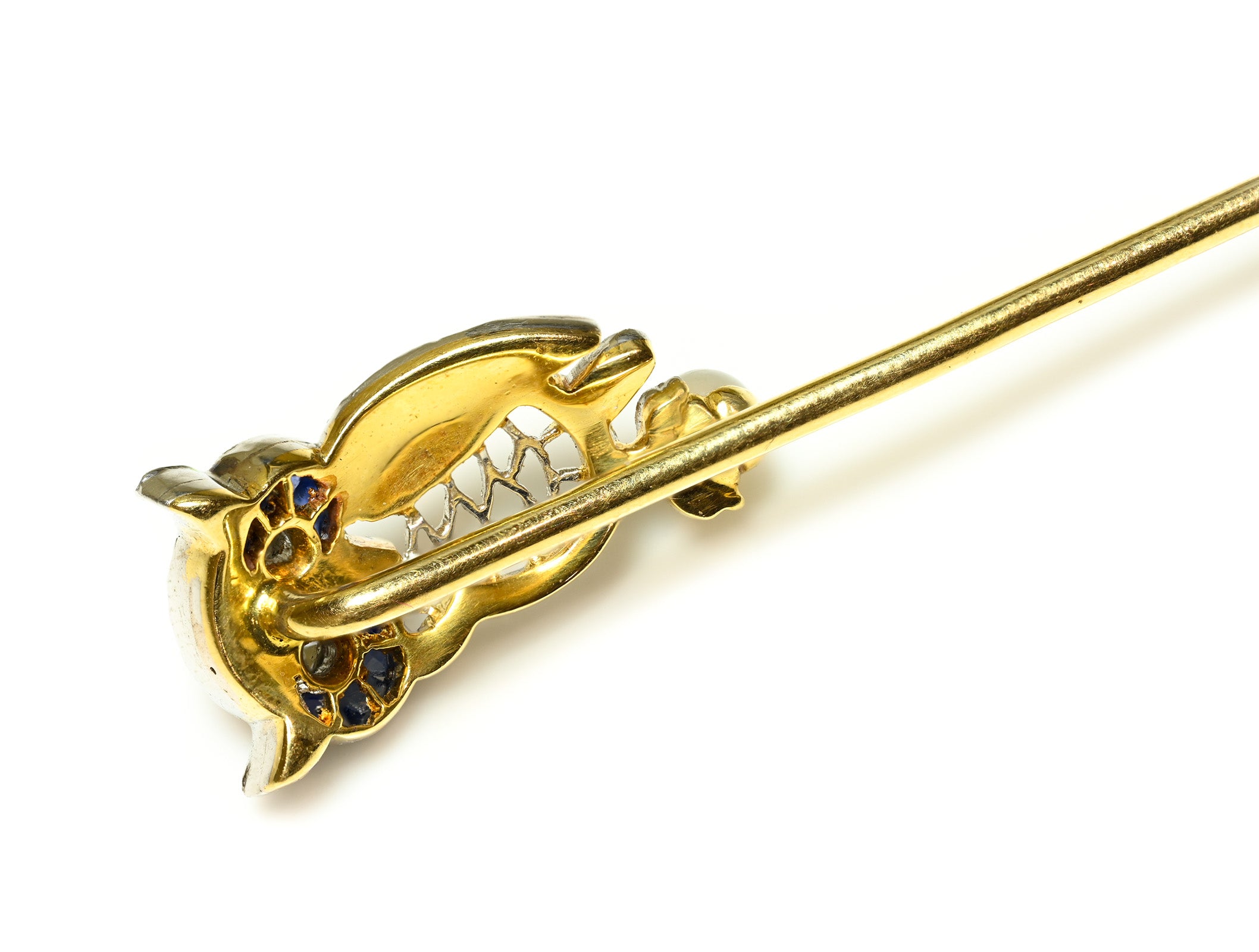 Antique Diamond and Sapphire Owl Stick Pin with Pearl in Gold and Platinum