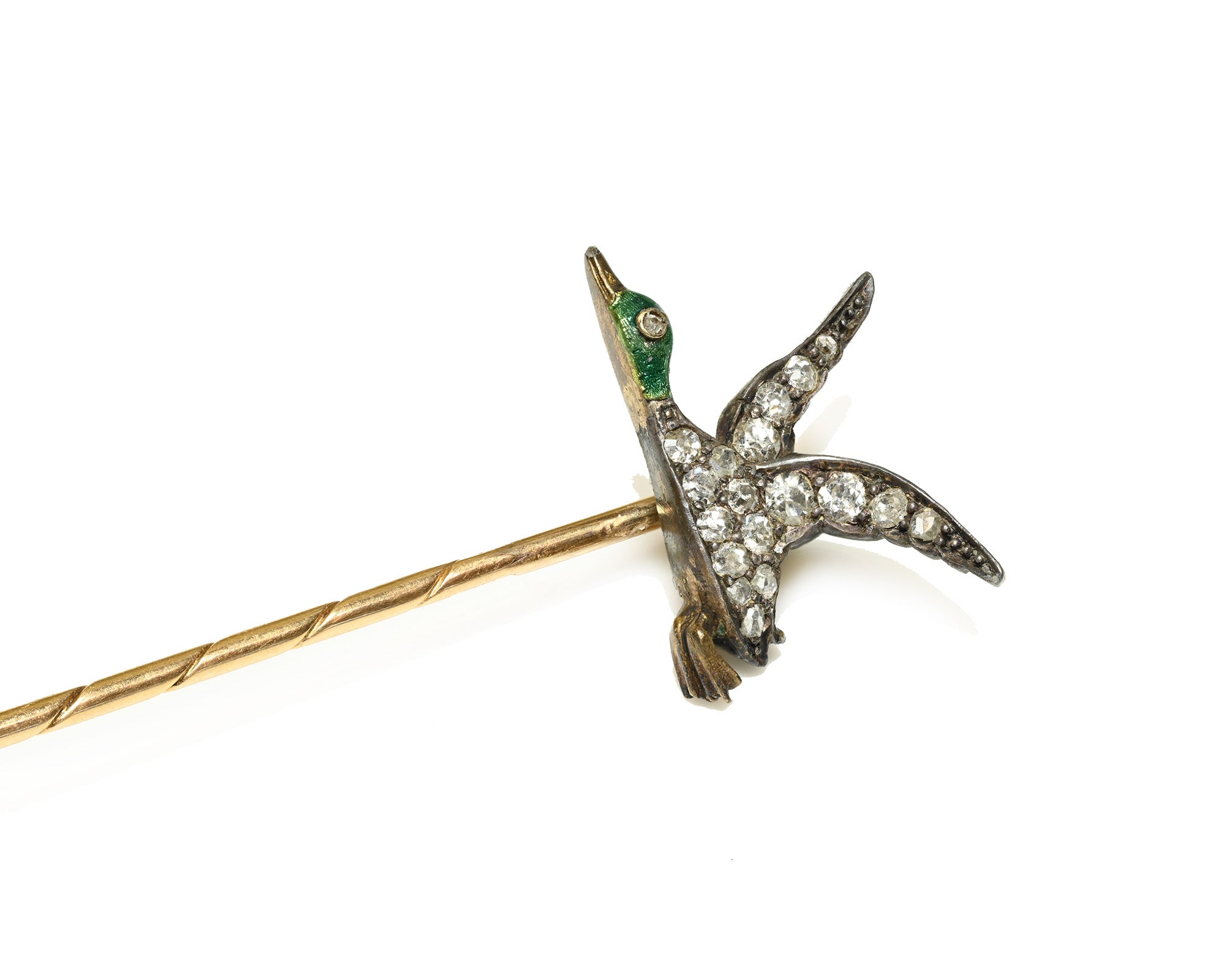 Antique Gold and Silver Duck Diamond Stick Pin Green Enamel