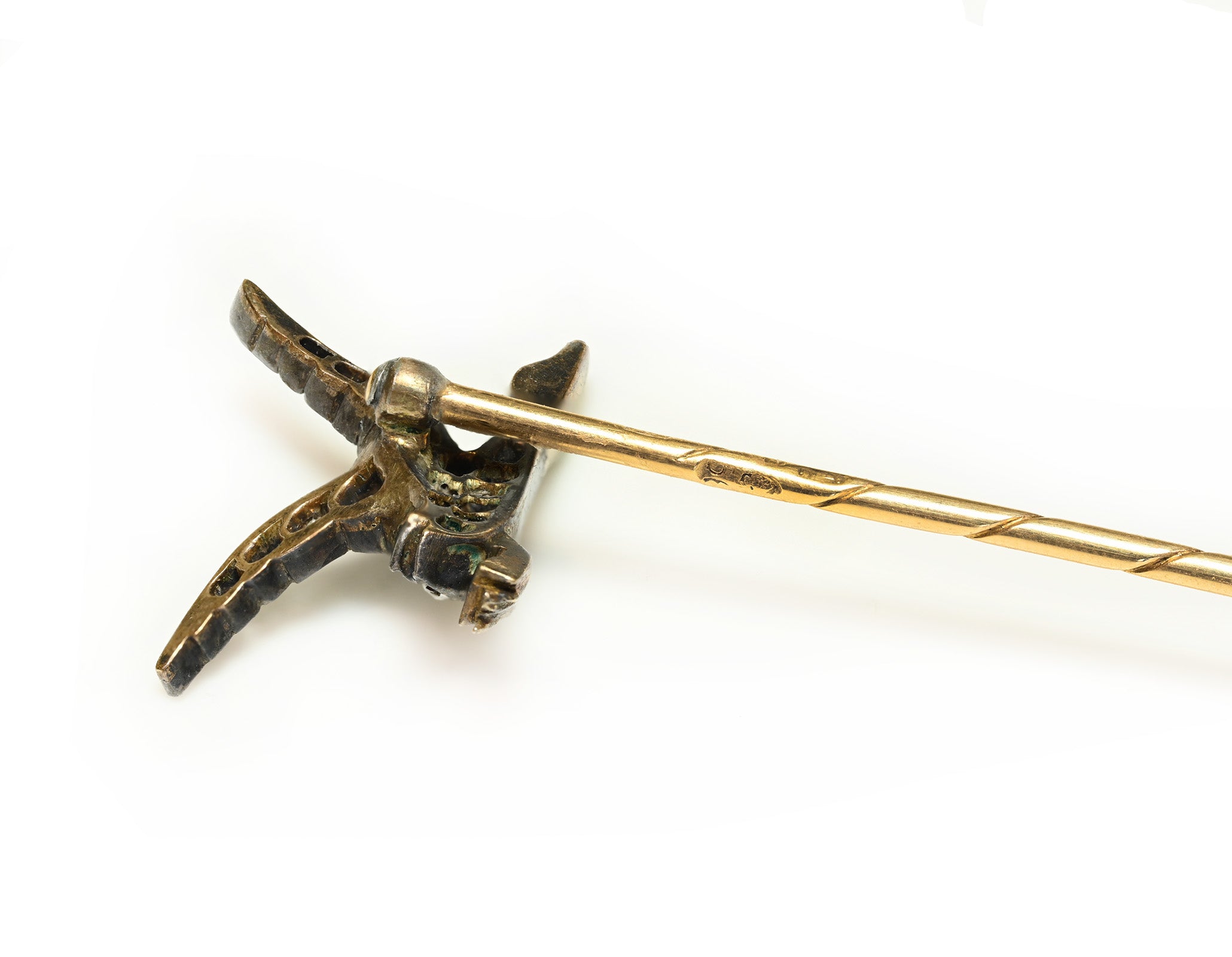 Antique Gold and Silver Duck Diamond Stick Pin with Green Enamel Hallmarks