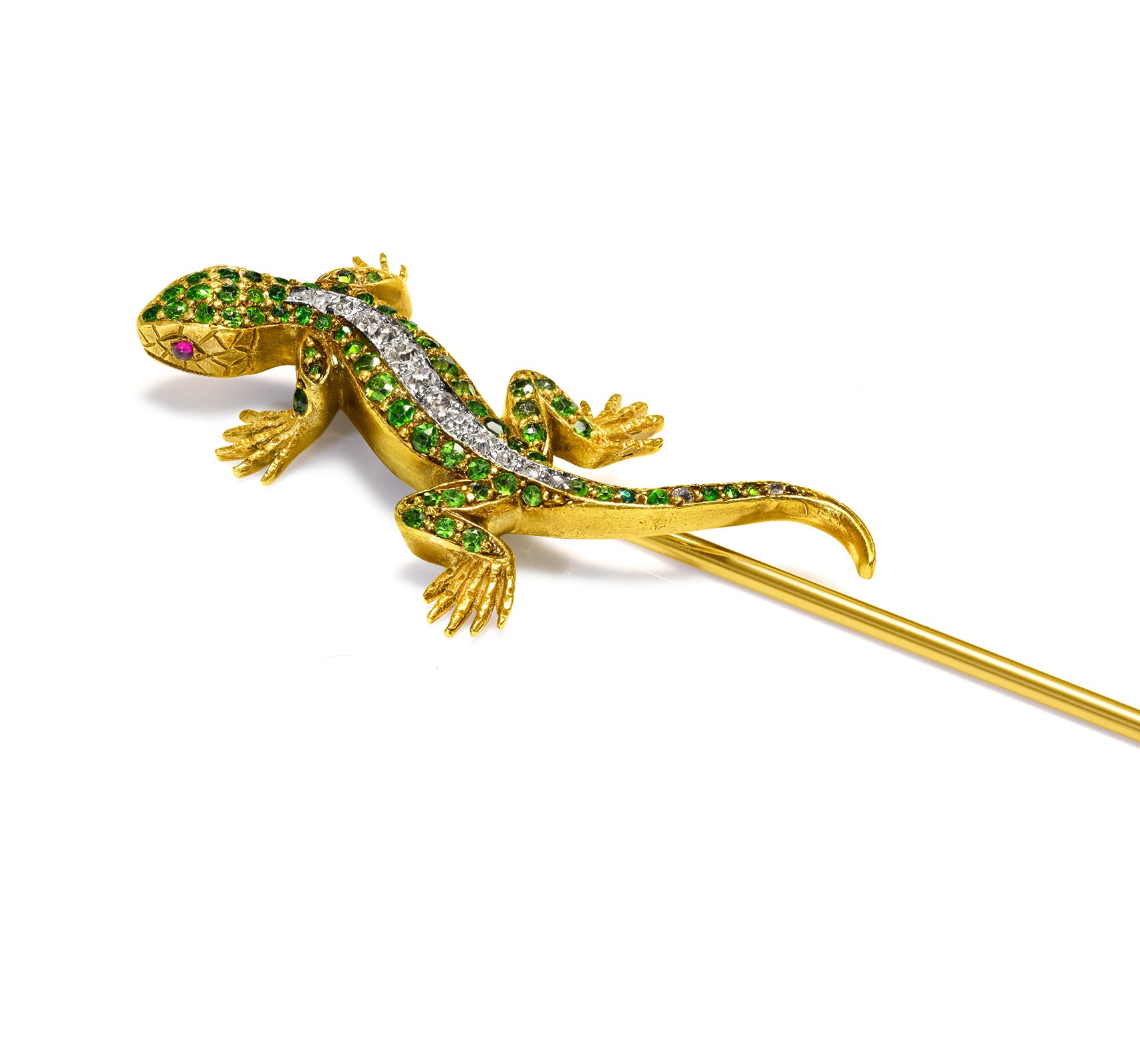 Antique Victorian Demantoid Garnet Ruby Diamond Gold Lizard Stick Pin