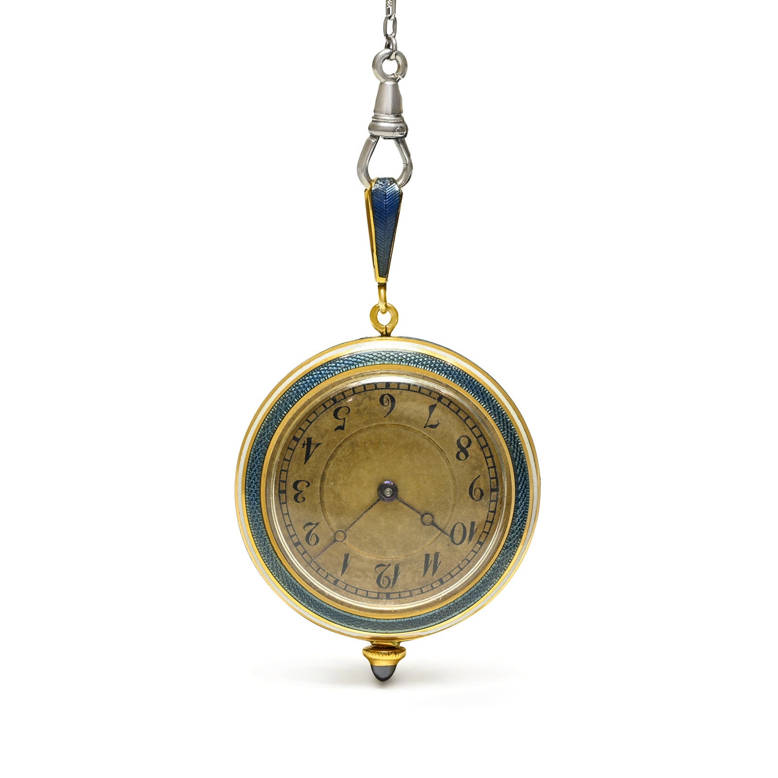 Edwardian Platinum and Gold Blue Guilloché Enamel Pendant Watch with Chain