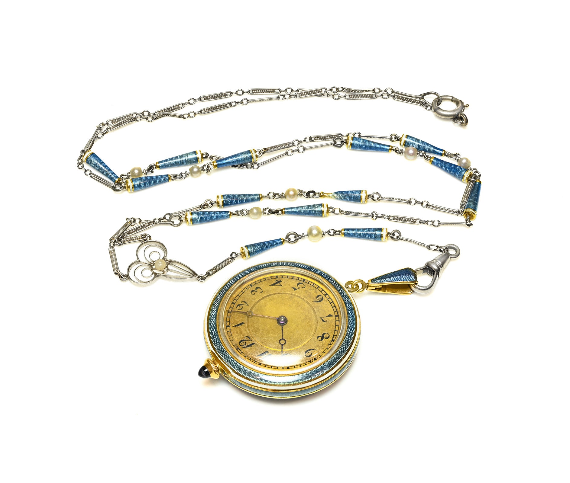 Edwardian Platinum and Gold Blue Guilloché Enamel Pendant Watch with Chain