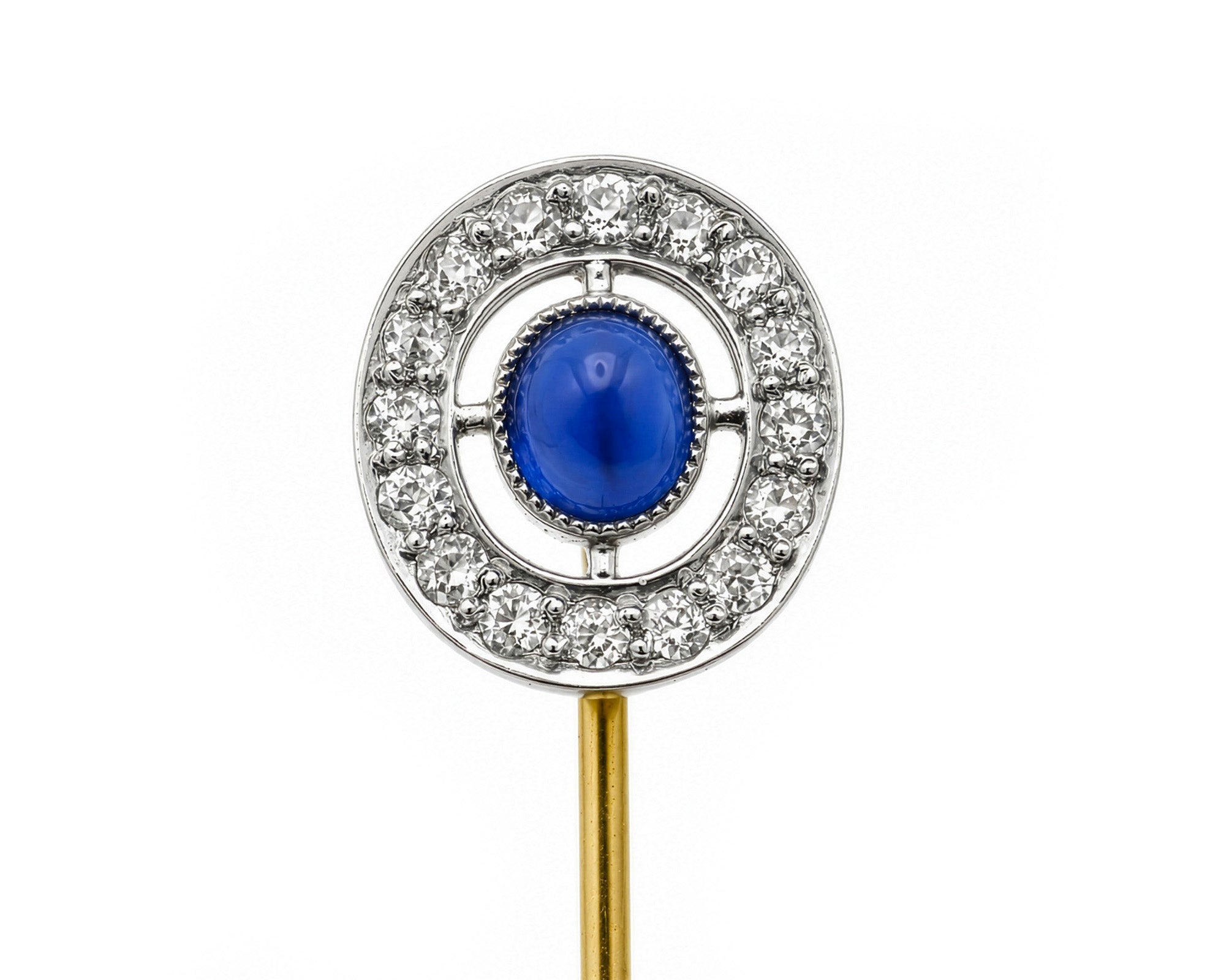 Edwardian Cabochon Sapphire Old Mine Cut Diamond Circle Stick Pin