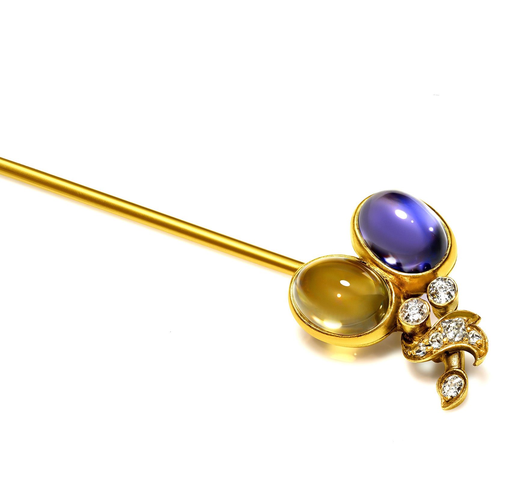 Antique Austrian Hallmarked Gold Stick Pin Sapphire, Diamond Citrine