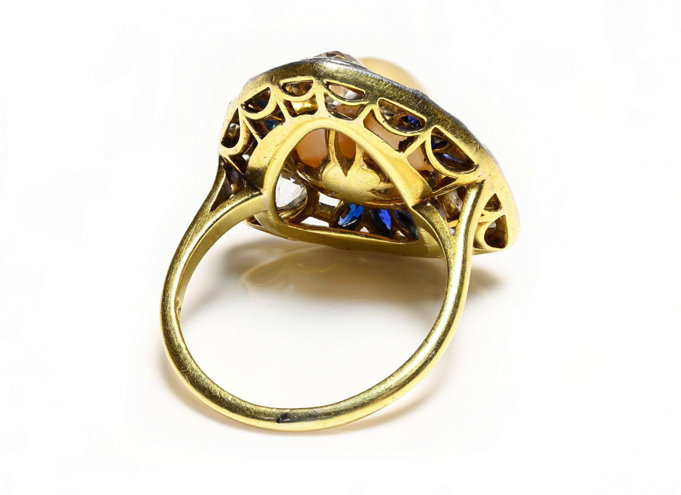 Antique 18K Gold Old Mine Cut Diamond Pearl Triangular Ring