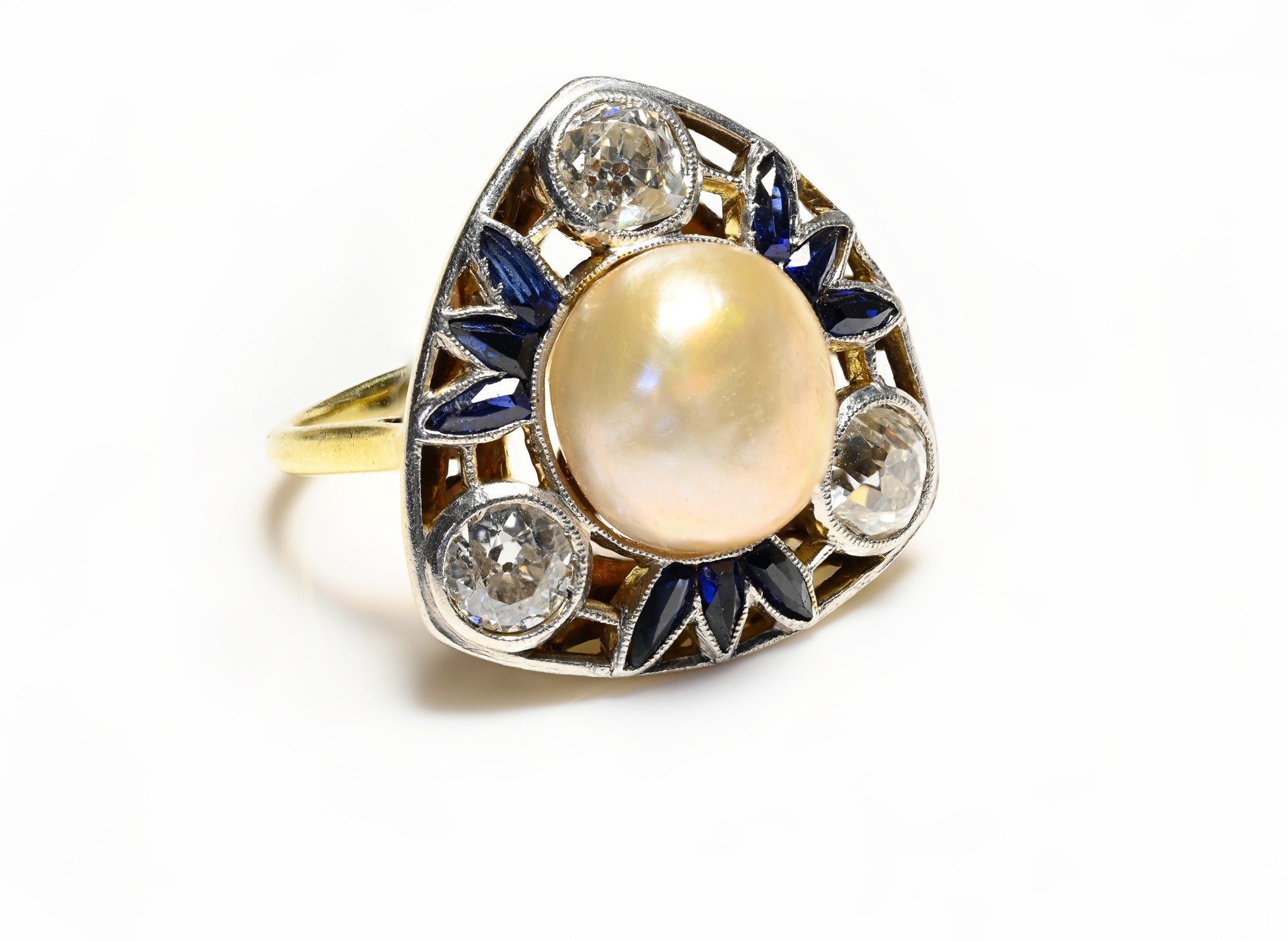 Antique 18K Gold Diamond Pearl Sapphire Triangular Ring