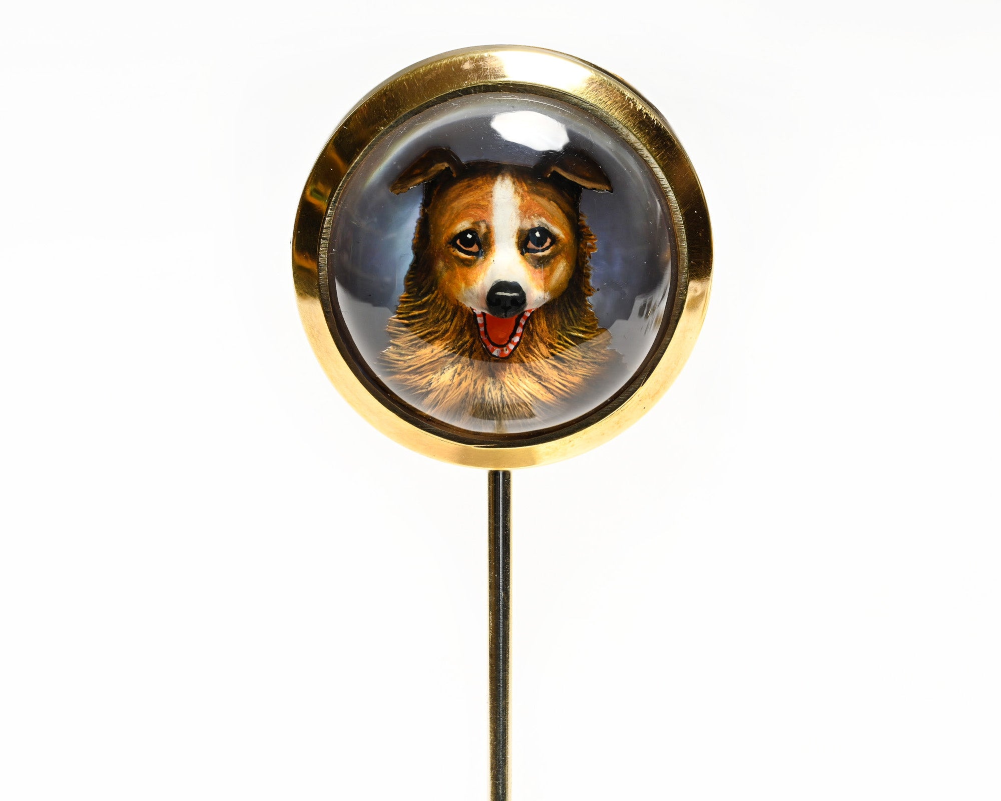 Antique Gold Reverse Crystal Happy Dog Stick Pin