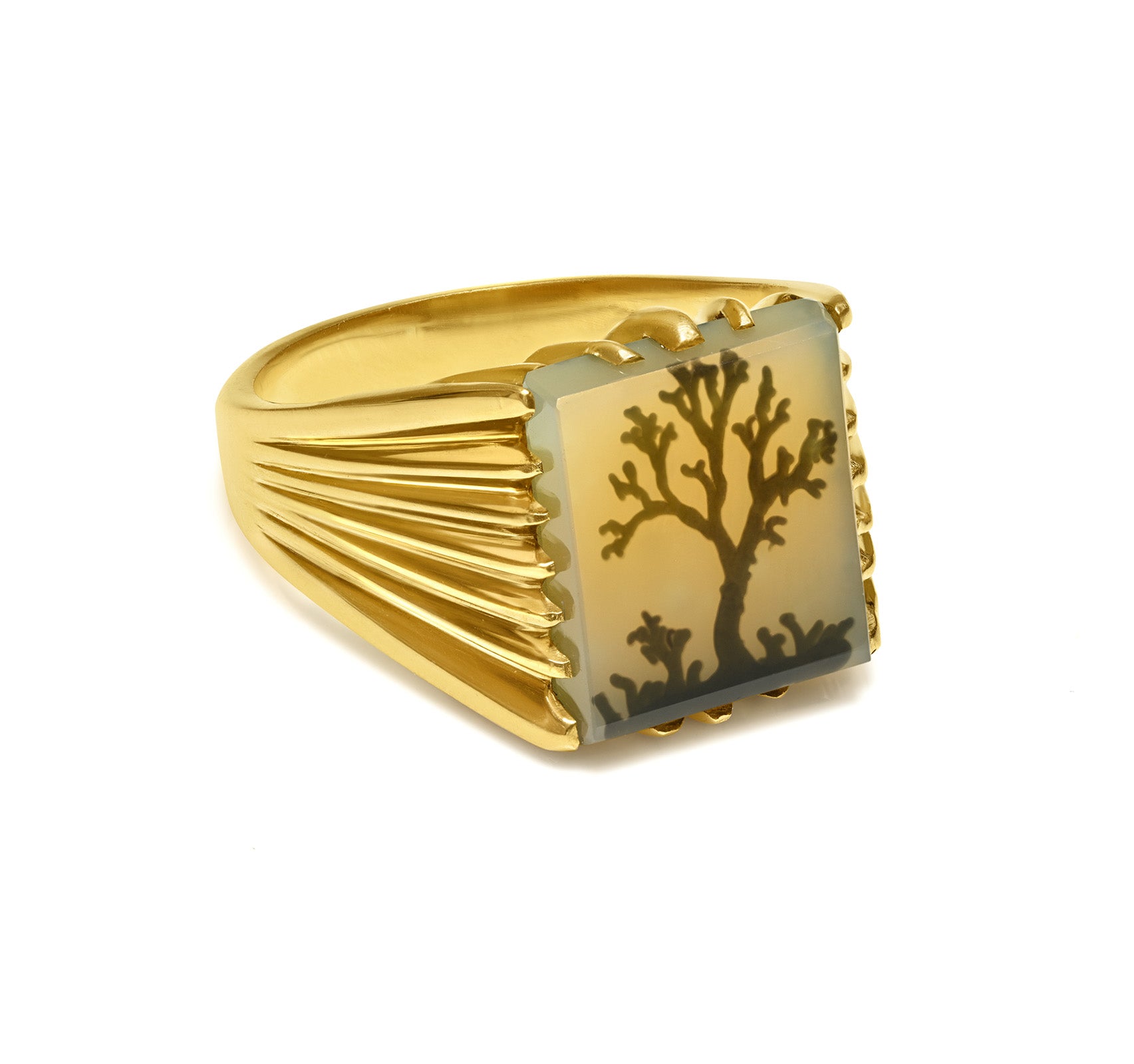 Victorian Gold Scenic Agate Men’s Ring fluted