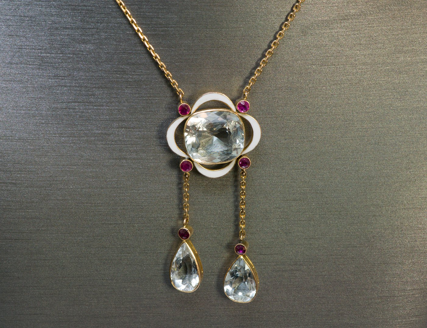Aquamarine Ruby Enamel Gold Pendant Necklace