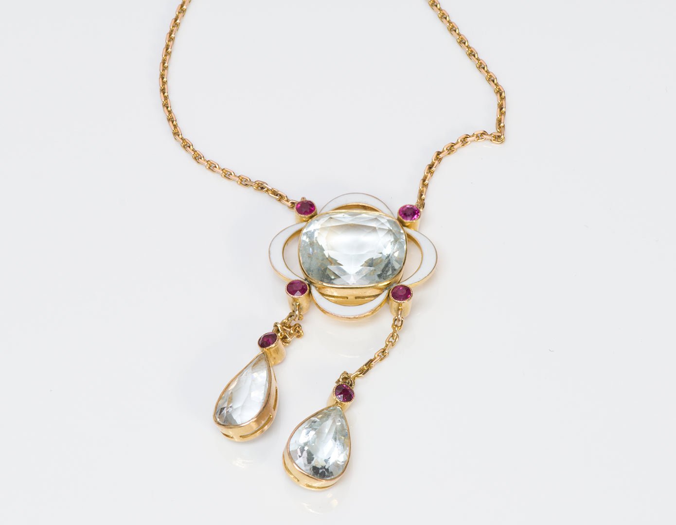 Aquamarine Ruby Enamel Gold Pendant Necklace