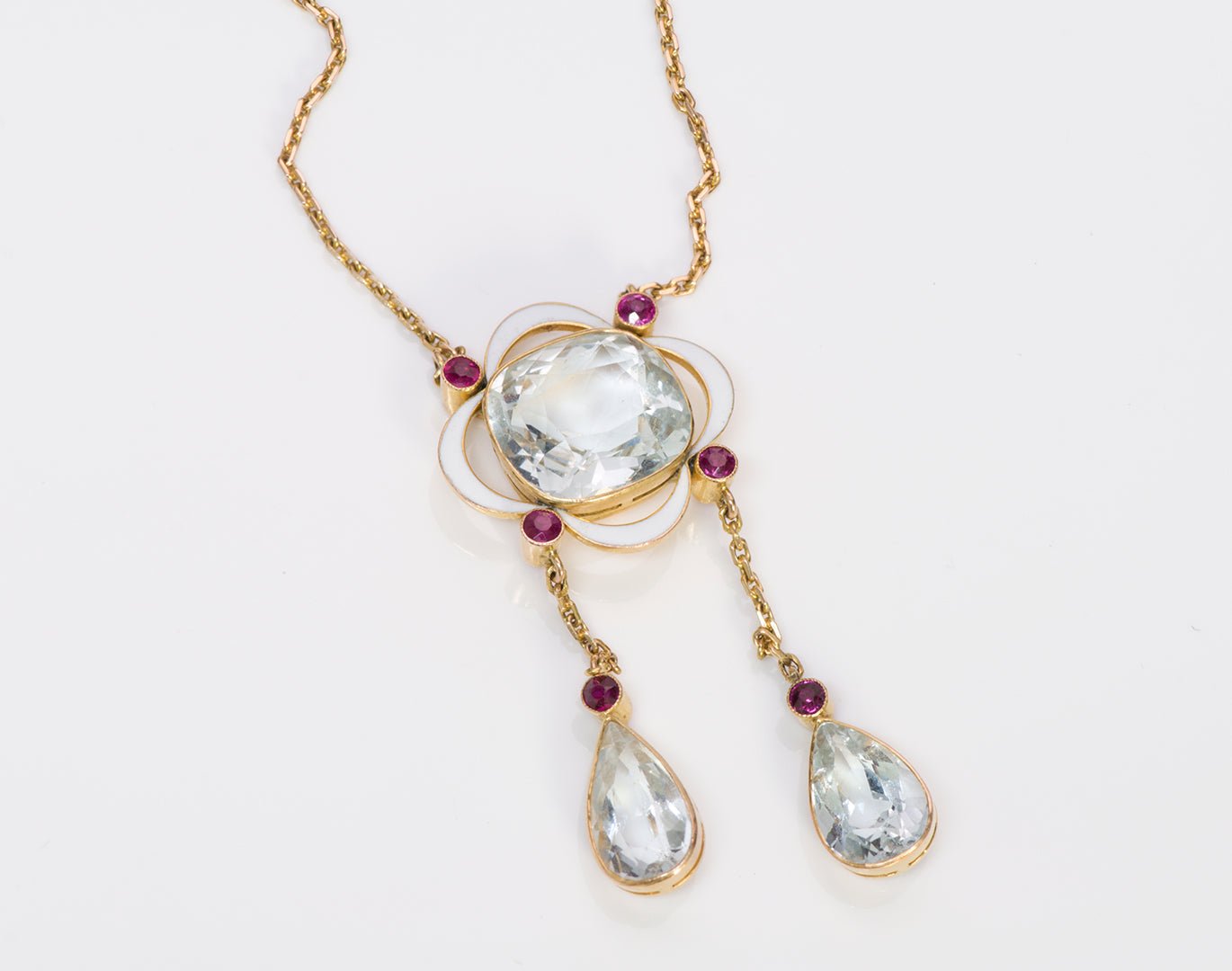 Aquamarine Ruby Enamel Gold Pendant Necklace