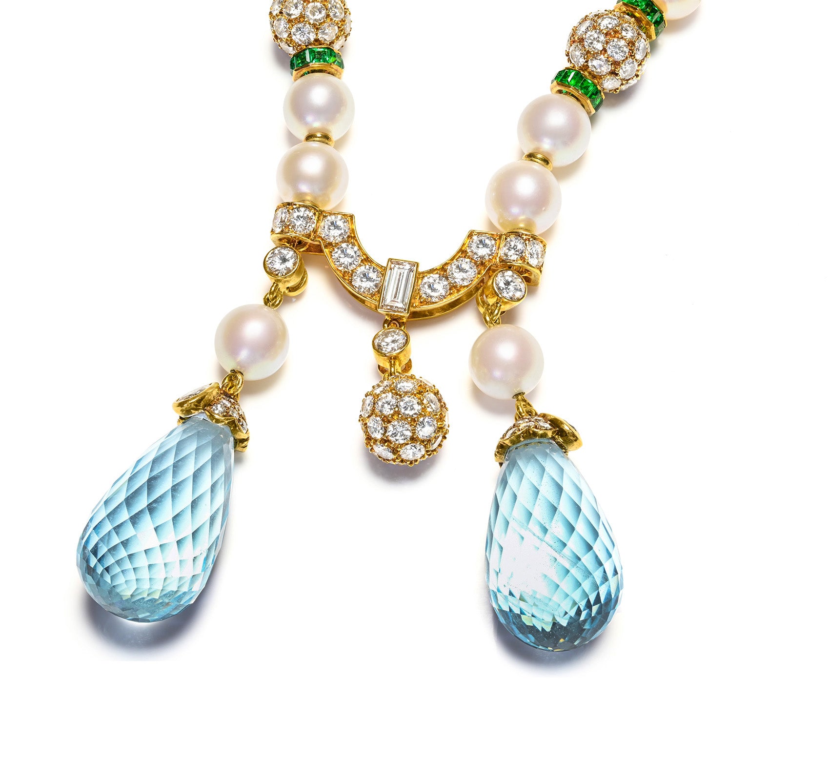 Aquamarine Briolettes Diamond Emerald and Pearl Necklace