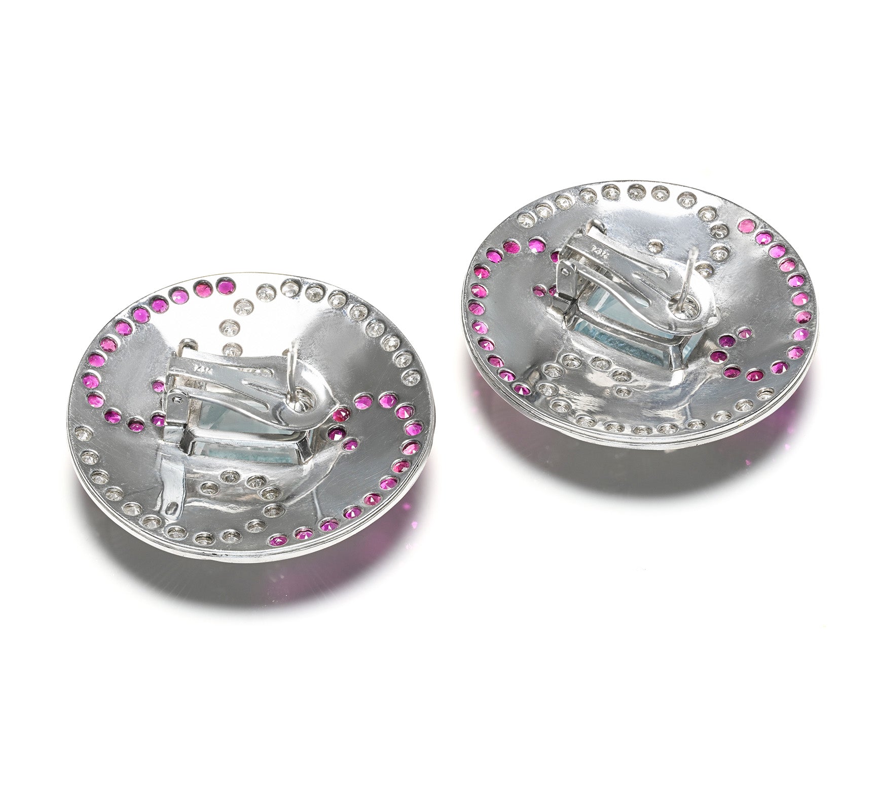 Aquamarine, Ruby & Diamond Vintage White Gold Disc Earrings