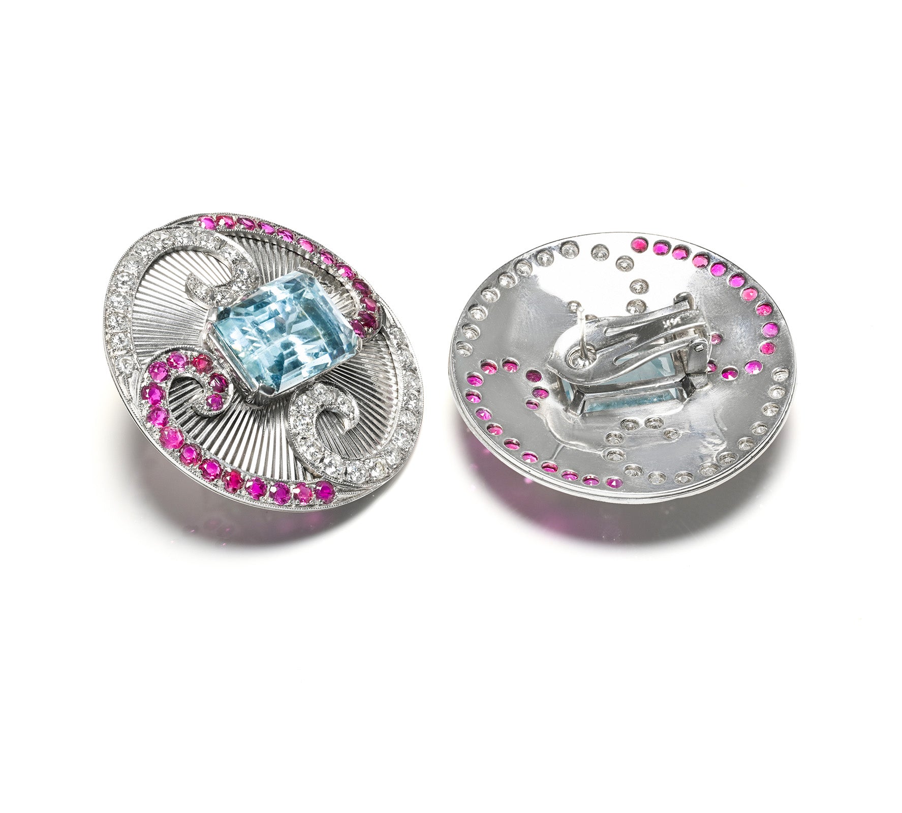 Aquamarine, Ruby Diamond Vintage Gold Disc Earrings