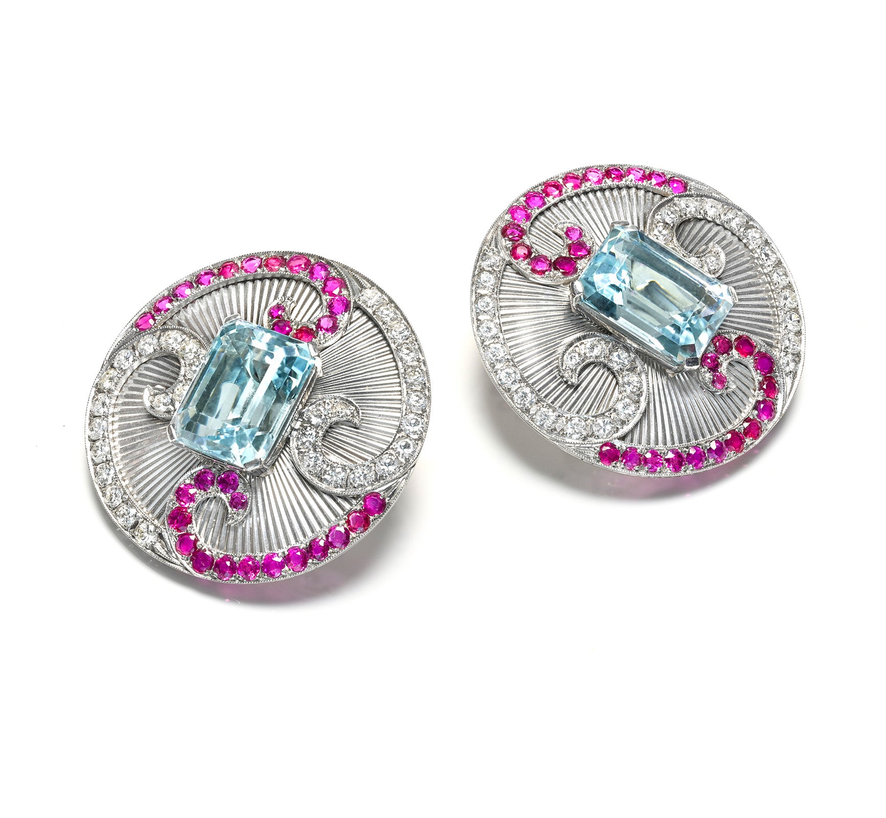 Aquamarine Ruby Diamond Gold Disc Earrings