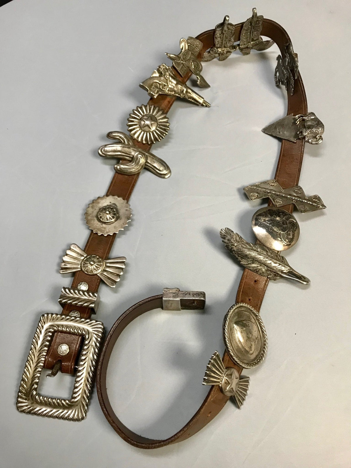 Vintage Ornate Silver-Tone Concho Belt with Brown Leather Vintage Sterling Silver Southwest Concho Belt on Leather | eBay main image 2