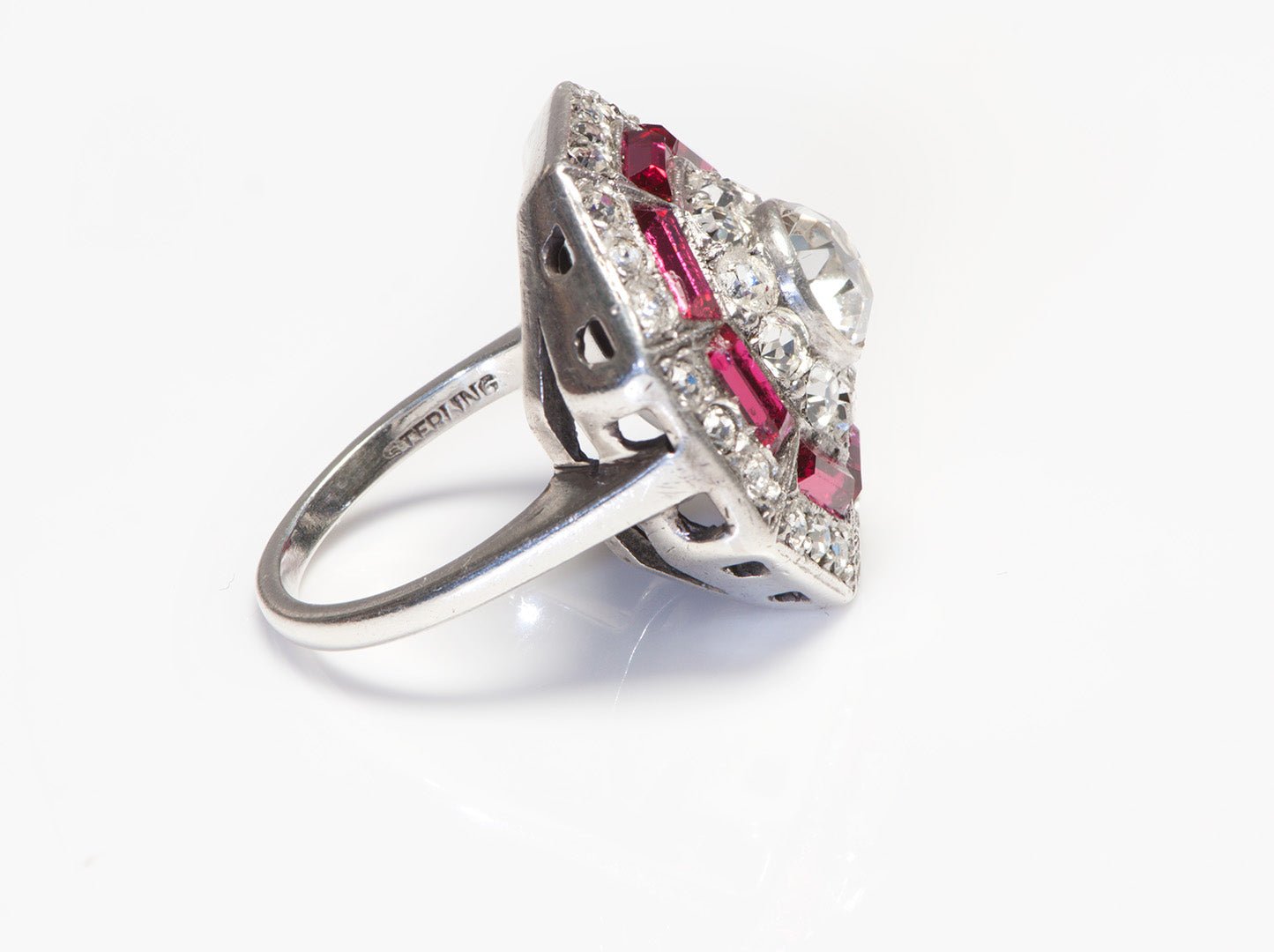 Art Deco 1920's Sterling Silver Red Paste Crystal Cluster Ring