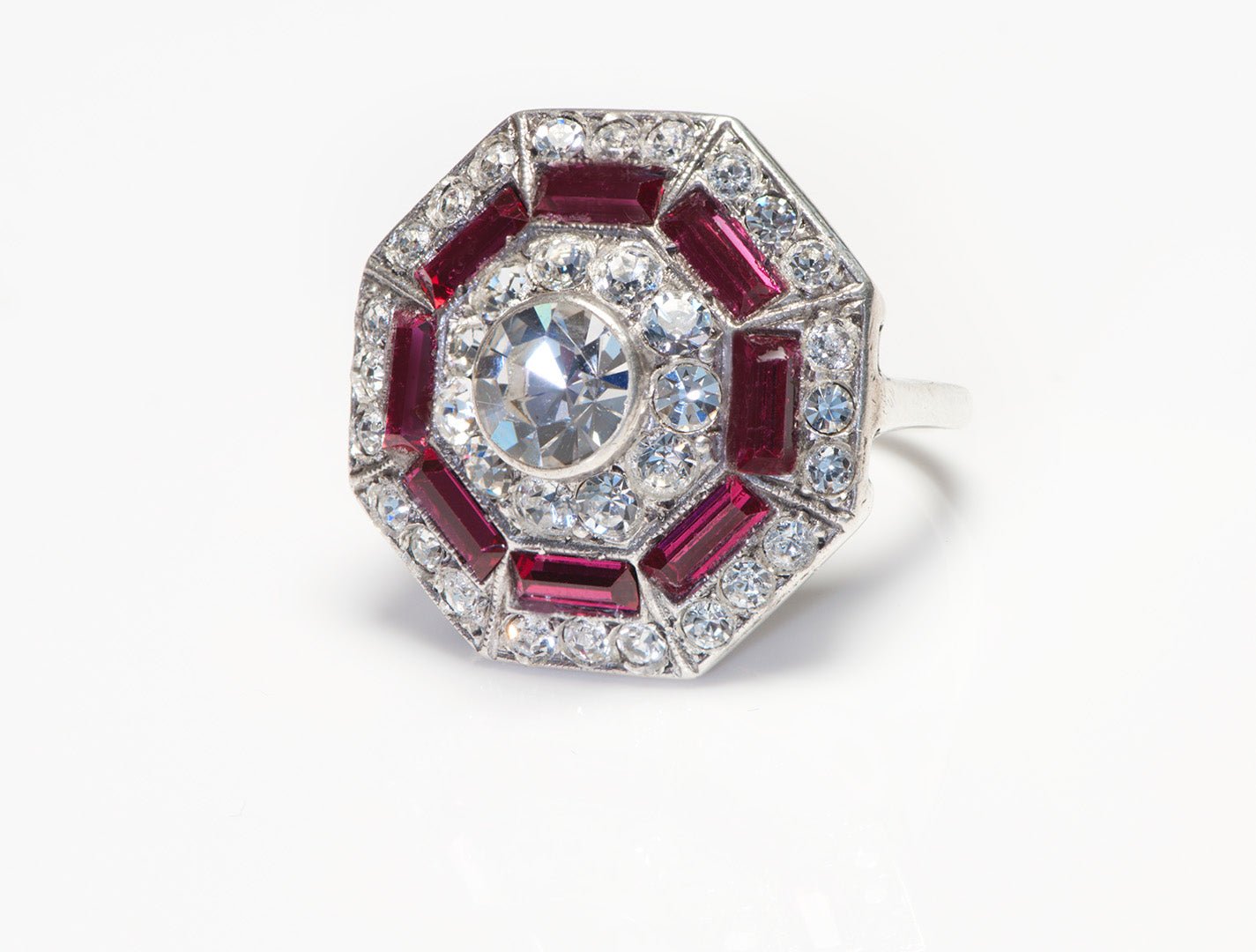 Art Deco 1920's Sterling Silver Red Paste Crystal Cluster Ring