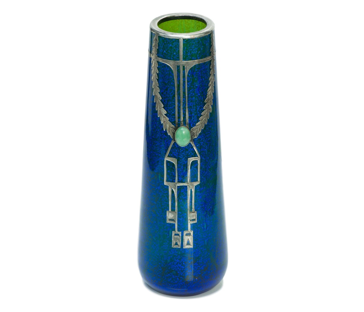 Art Deco Engraved Silver Overlay Jade Blue Glass Vase