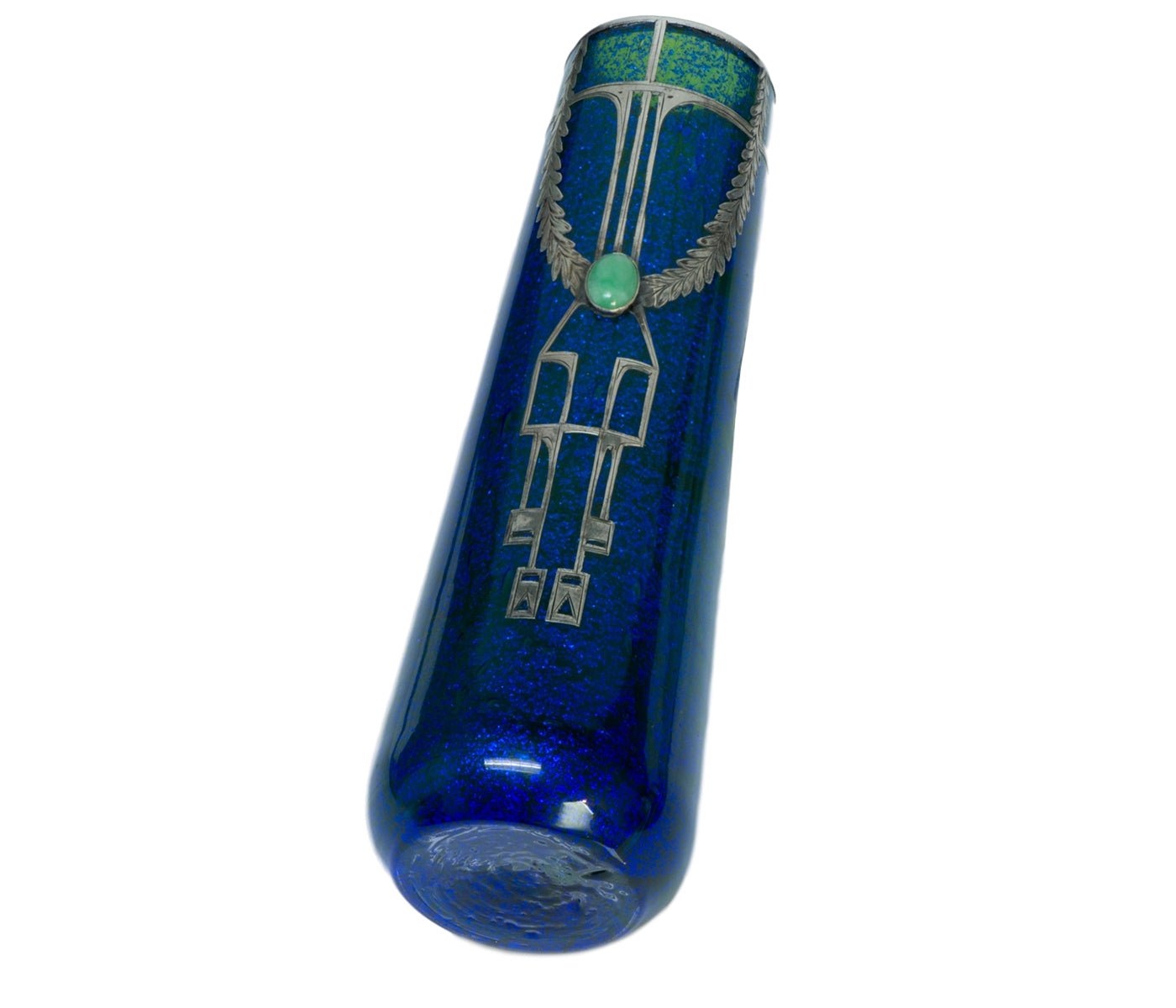 Art Deco Engraved Silver Overlay Jade Blue Glass Vase