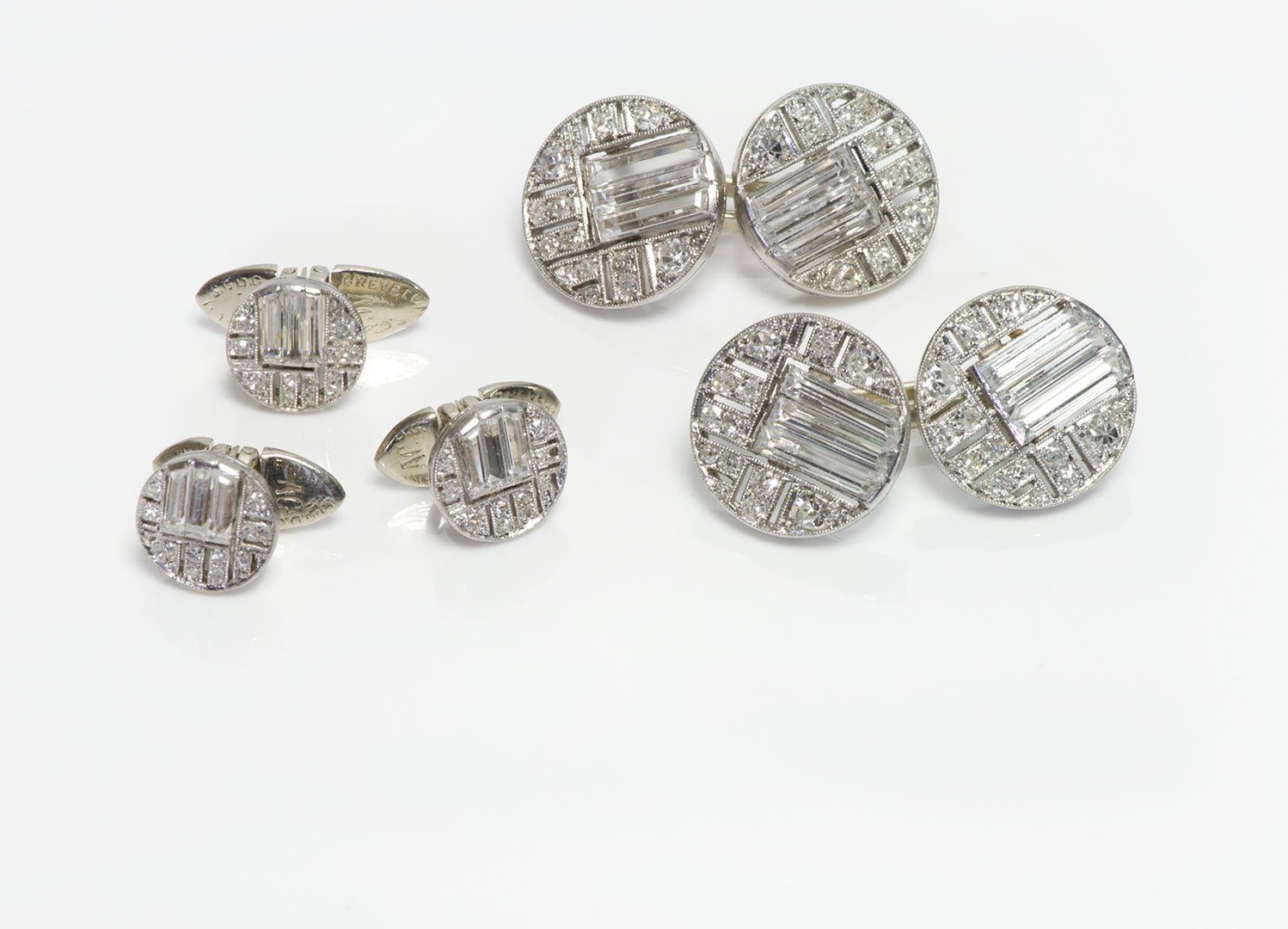 Art Deco French Platinum Diamond & Crystal Cufflink & Stud Set