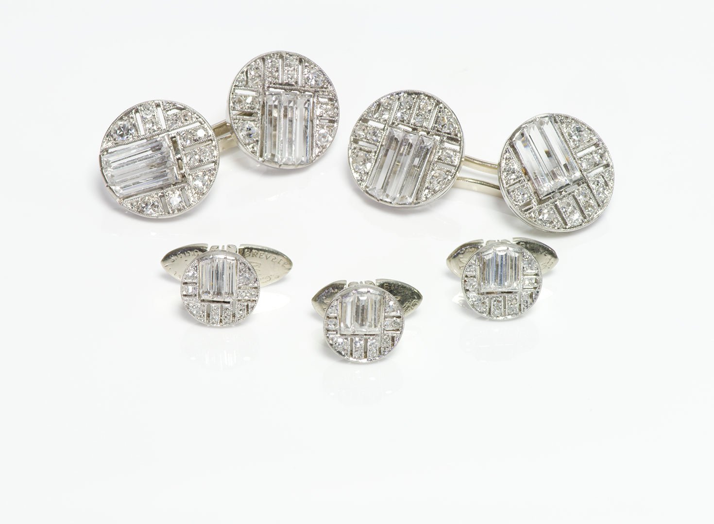 Art Deco French Platinum Diamond & Crystal Cufflink & Stud Set