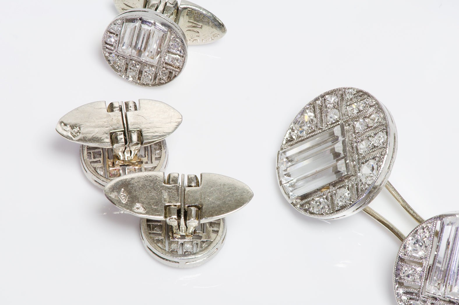 Art Deco French Platinum Diamond & Crystal Cufflink & Stud Set