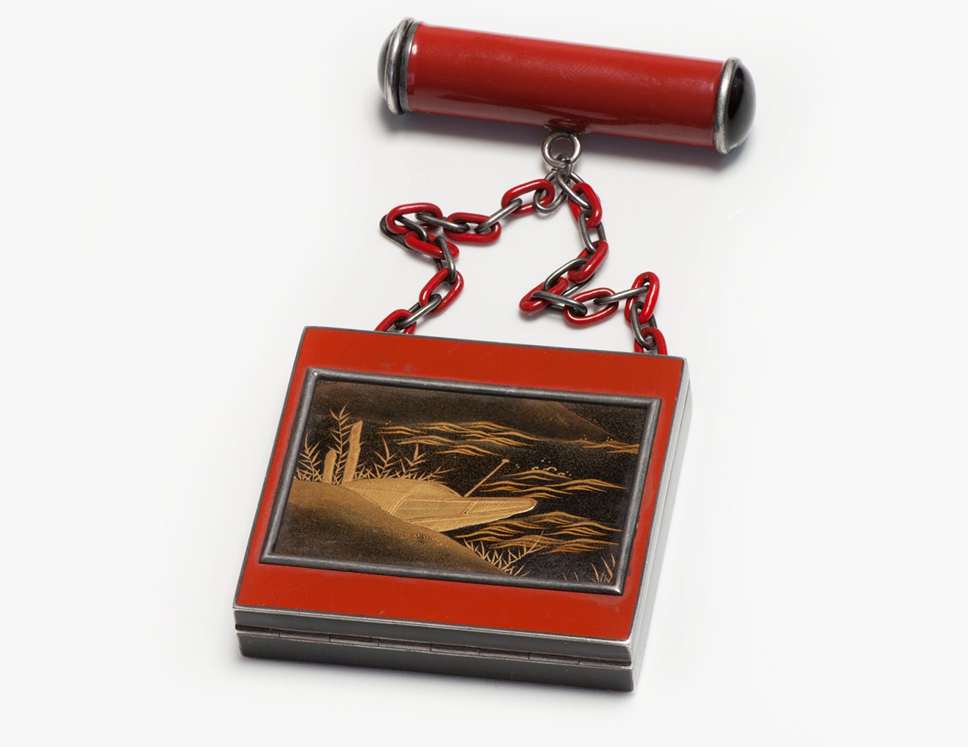 Art Deco French Silver Enamel Lacquer Japanese Motif Compact