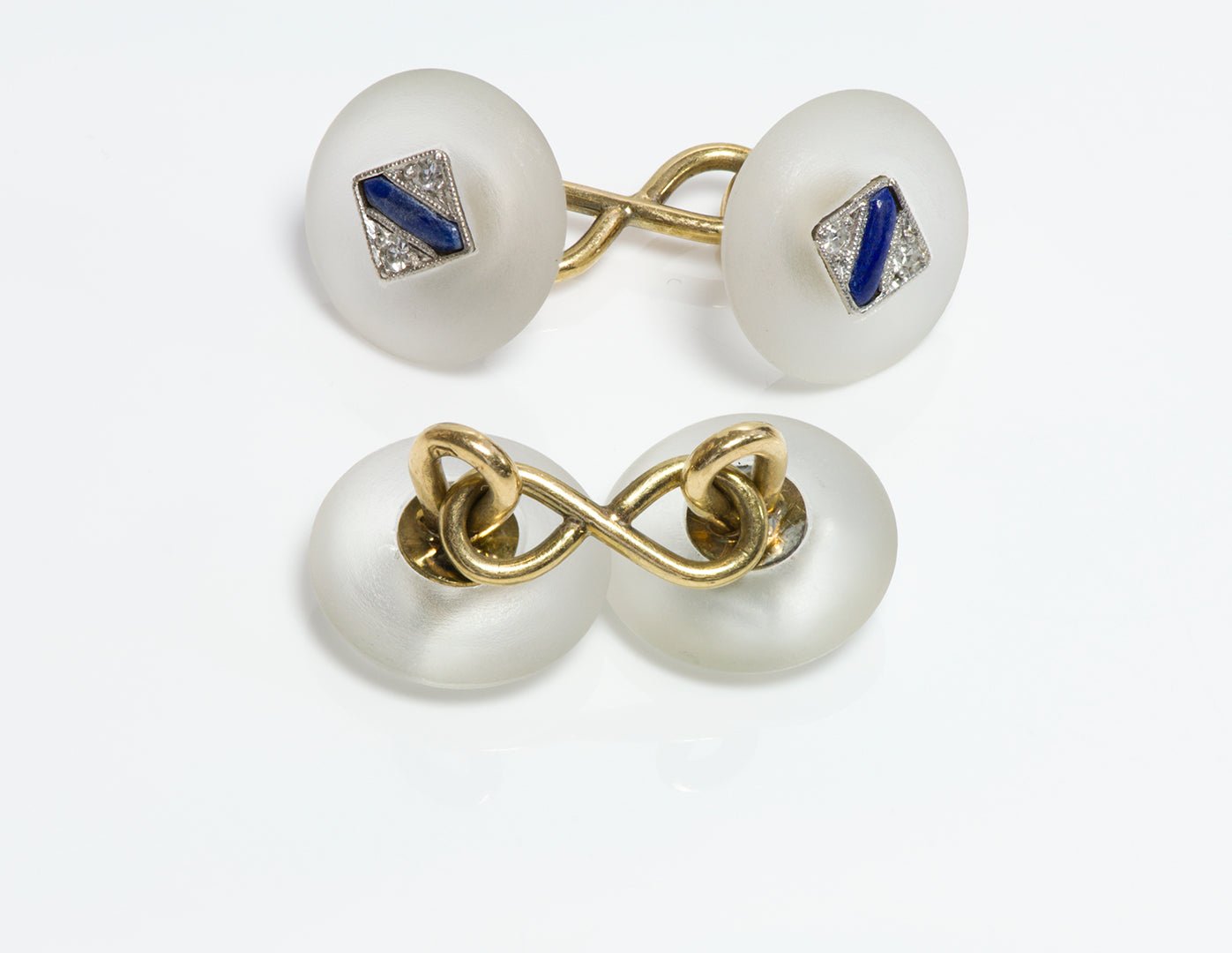 Art Deco Gold Frosted Crystal Lapis & Diamond Cufflinks